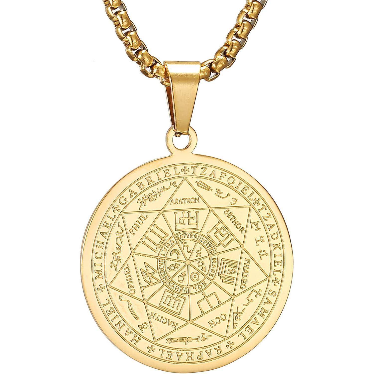 AFSTALR Halskette Herren 7 Erzengel Siegel Medaille Talisman Siegel der Sieben Erzengel Amulett Ketten Anhänger Edelstahl Solomon Schmuck für Herren
