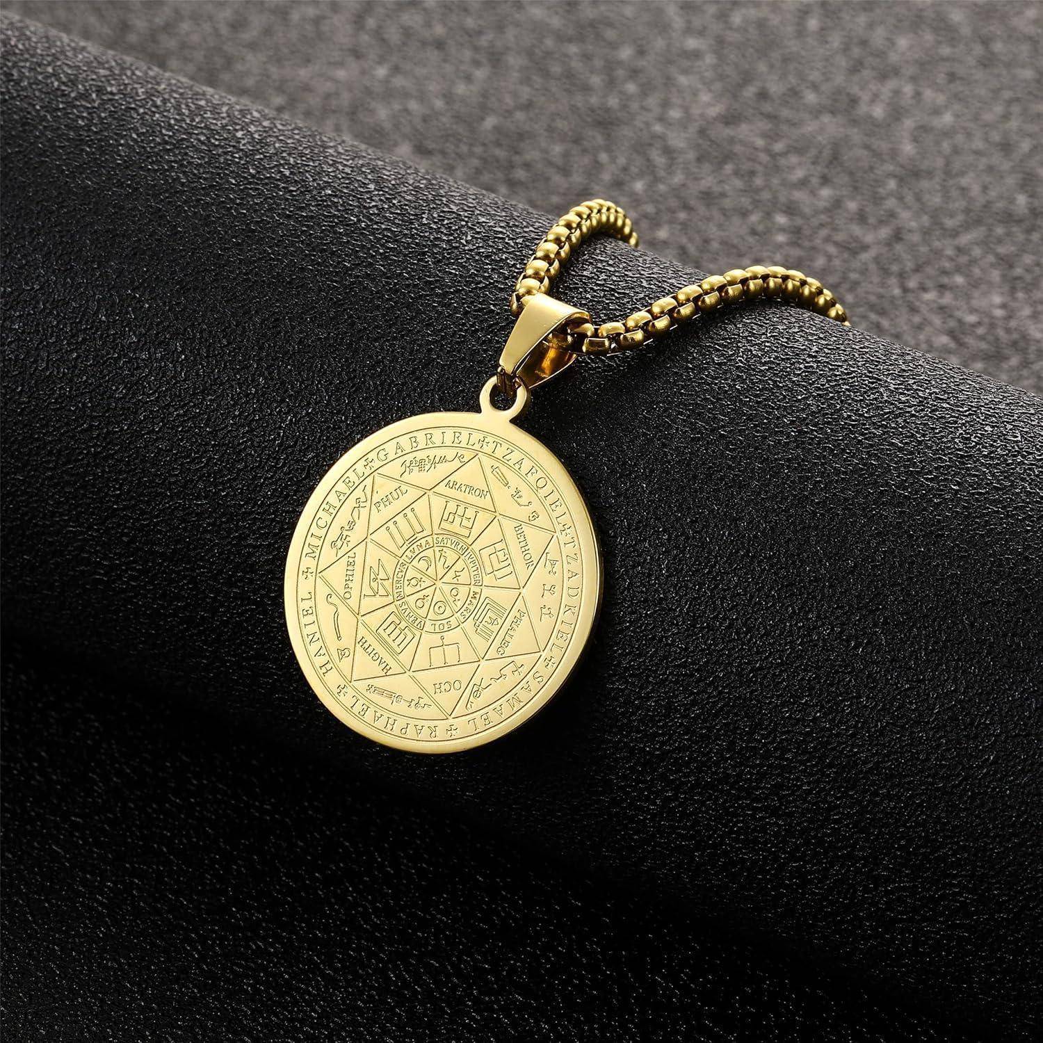 AFSTALR Halskette Herren 7 Erzengel Siegel Medaille Talisman Siegel der Sieben Erzengel Amulett Ketten Anhänger Edelstahl Solomon Schmuck für Herren