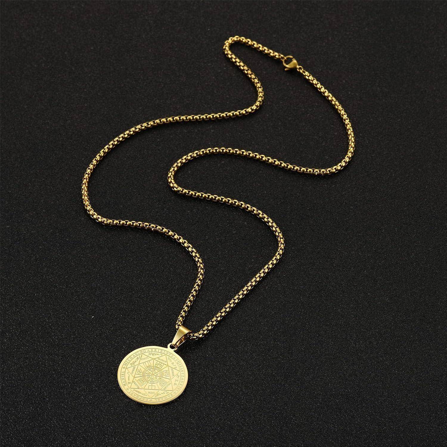 AFSTALR Halskette Herren 7 Erzengel Siegel Medaille Talisman Siegel der Sieben Erzengel Amulett Ketten Anhänger Edelstahl Solomon Schmuck für Herren