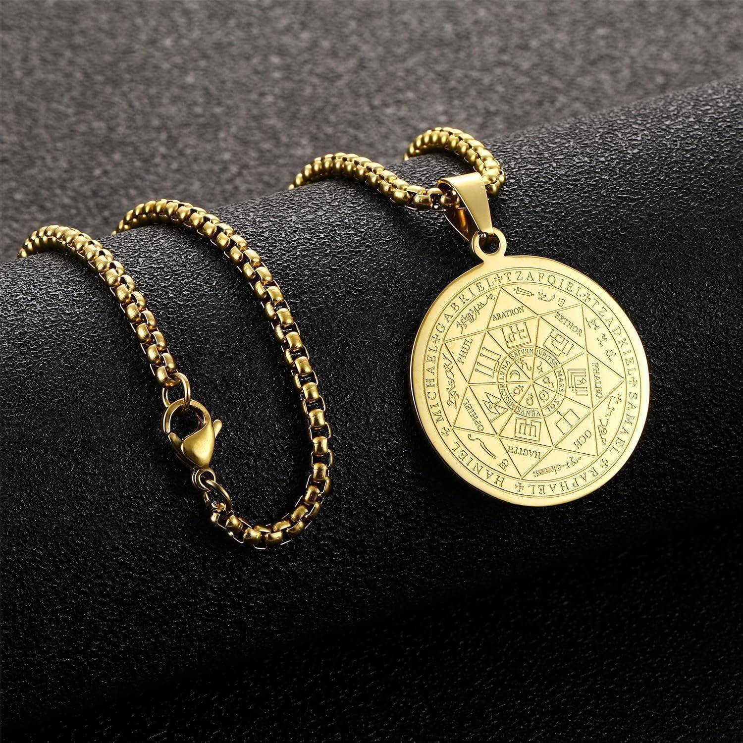 AFSTALR Halskette Herren 7 Erzengel Siegel Medaille Talisman Siegel der Sieben Erzengel Amulett Ketten Anhänger Edelstahl Solomon Schmuck für Herren