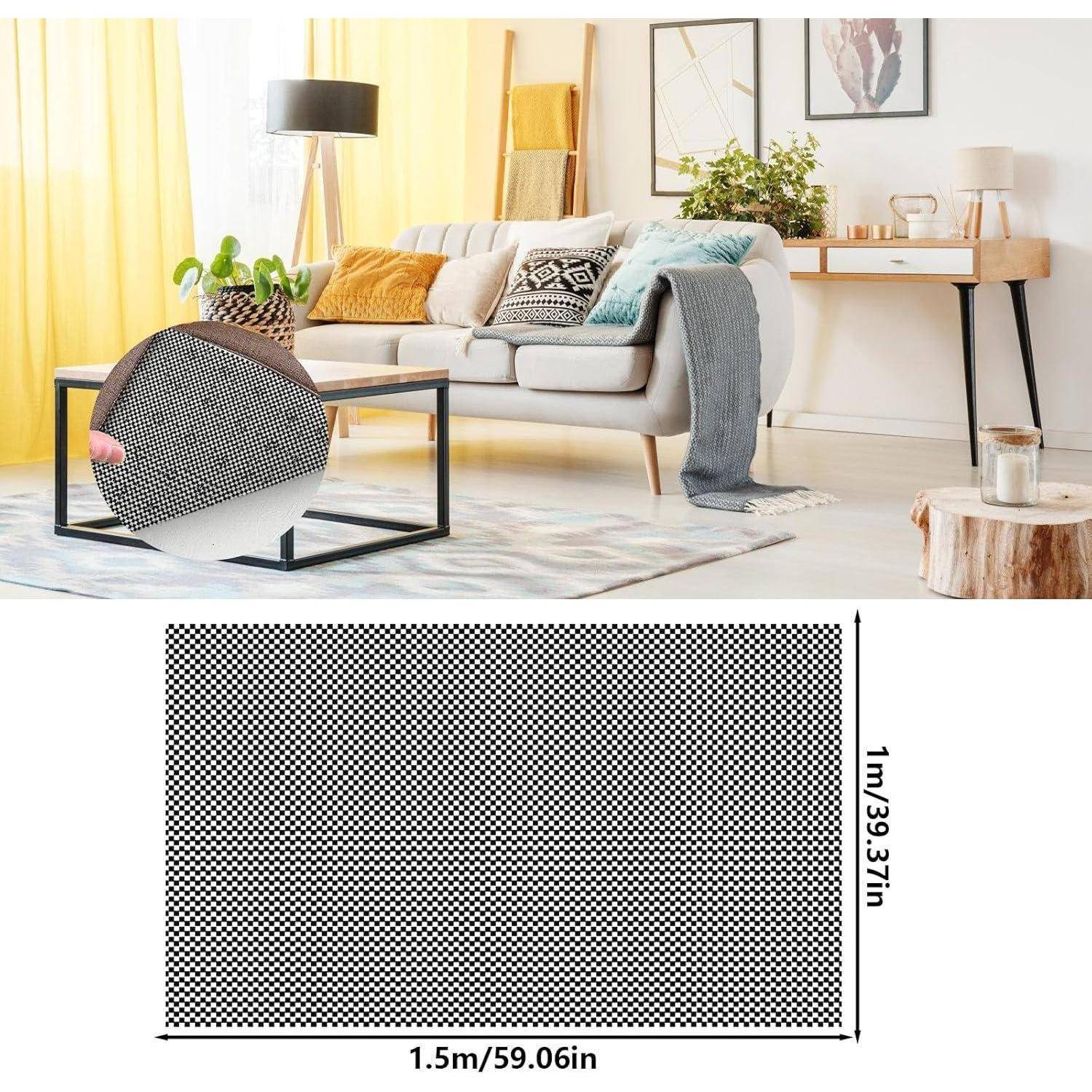 Teppich in einem Wohnzimmer gezeigt; eine Nahaufnahme zeigt seine rechteckige Form und Größe, gekennzeichnet mit 1,5 m mal 1 m (59,06 Zoll mal 39,37 Zoll).