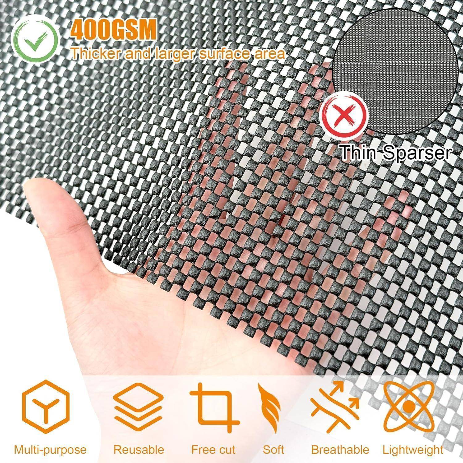 Hand hält ein dickes 400er Woven-Mesh; Inset vergleicht es mit einem dünneren, lockereren Mesh, mit Icons, die Mehrzweck, wiederverwendbar, freier Zuschnitt, weich, atmungsaktiv, leicht zeigen.