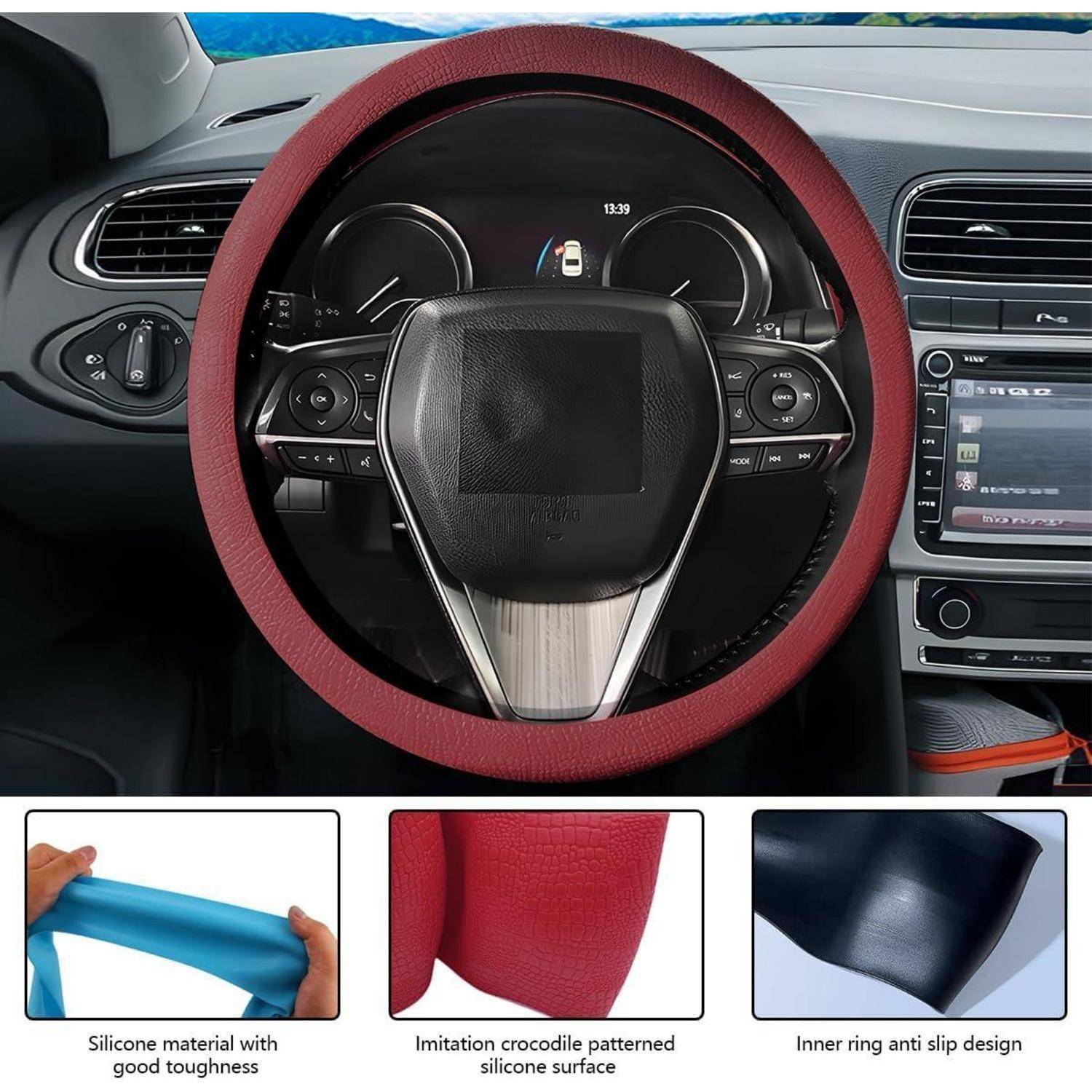 Autoinneres mit einem Lenkrad mit roter Abdeckung; Einsatzbilder zeigen das Silikonmaterial, das Krokodilmuster und den rutschfesten inneren Ring.