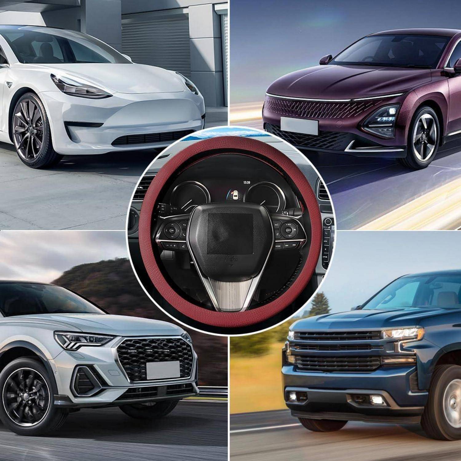 Collage aus vier Autos um ein zentrales Lenkrad-Dashboard, das verschiedene Fahrzeugfronten in Weiß, Lila, Silber und Blau zeigt.