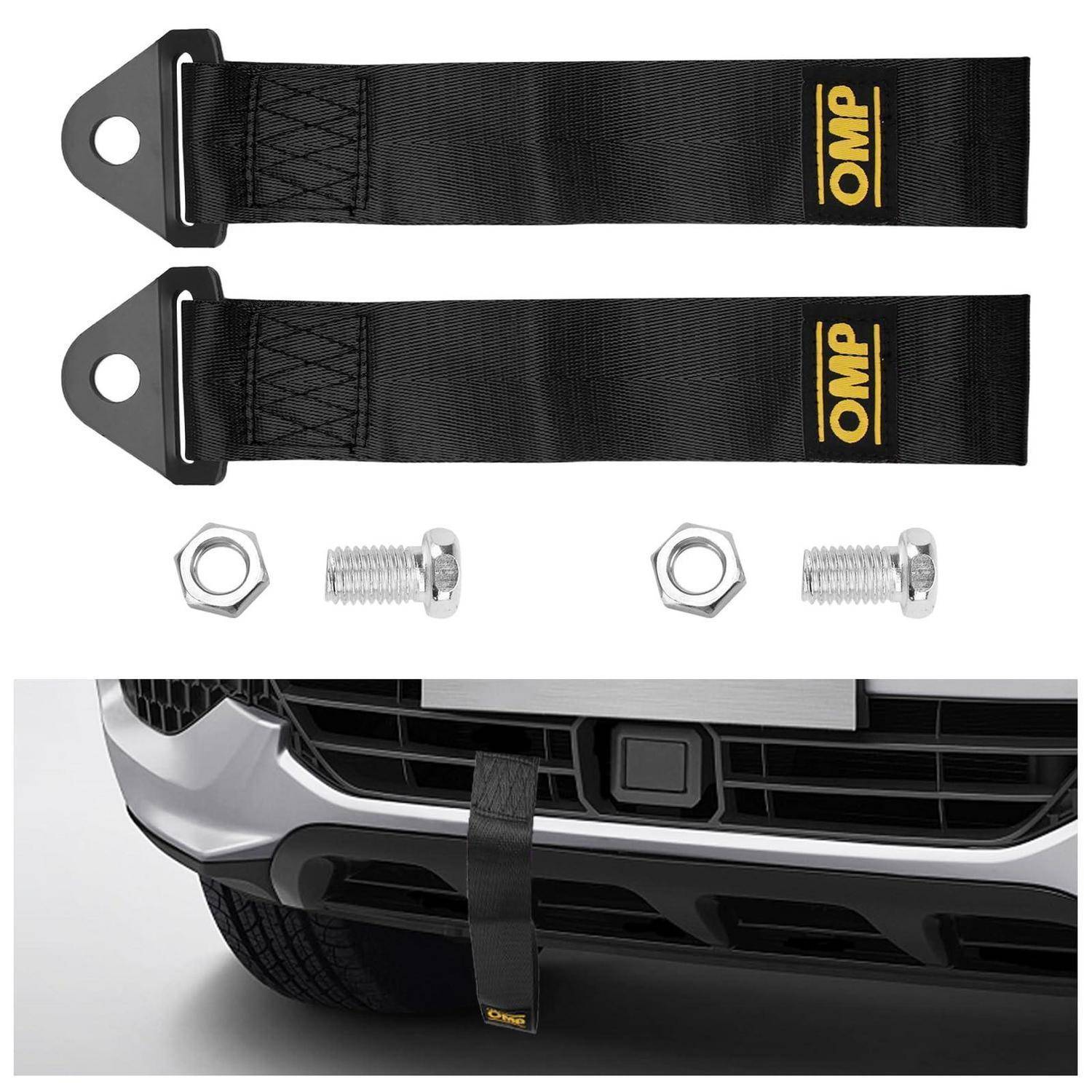 Zwei schwarze Abschleppseile mit Befestigungsmaterial, oben gezeigt mit einem Beispiel eines an der vorderen Stoßstange eines Autos befestigt zum Abschleppen.