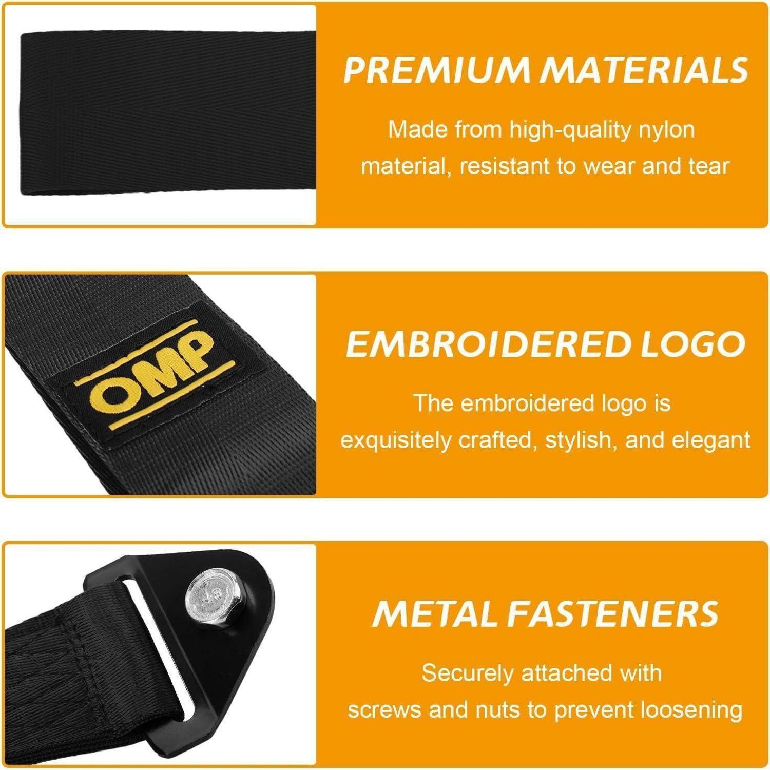 Infografik, die die Merkmale eines schwarzen Riemens zeigt: Premium-Nylon-Material, besticktes OMP-Logo und Metallfastener, die mit Schrauben und Muttern gesichert sind.