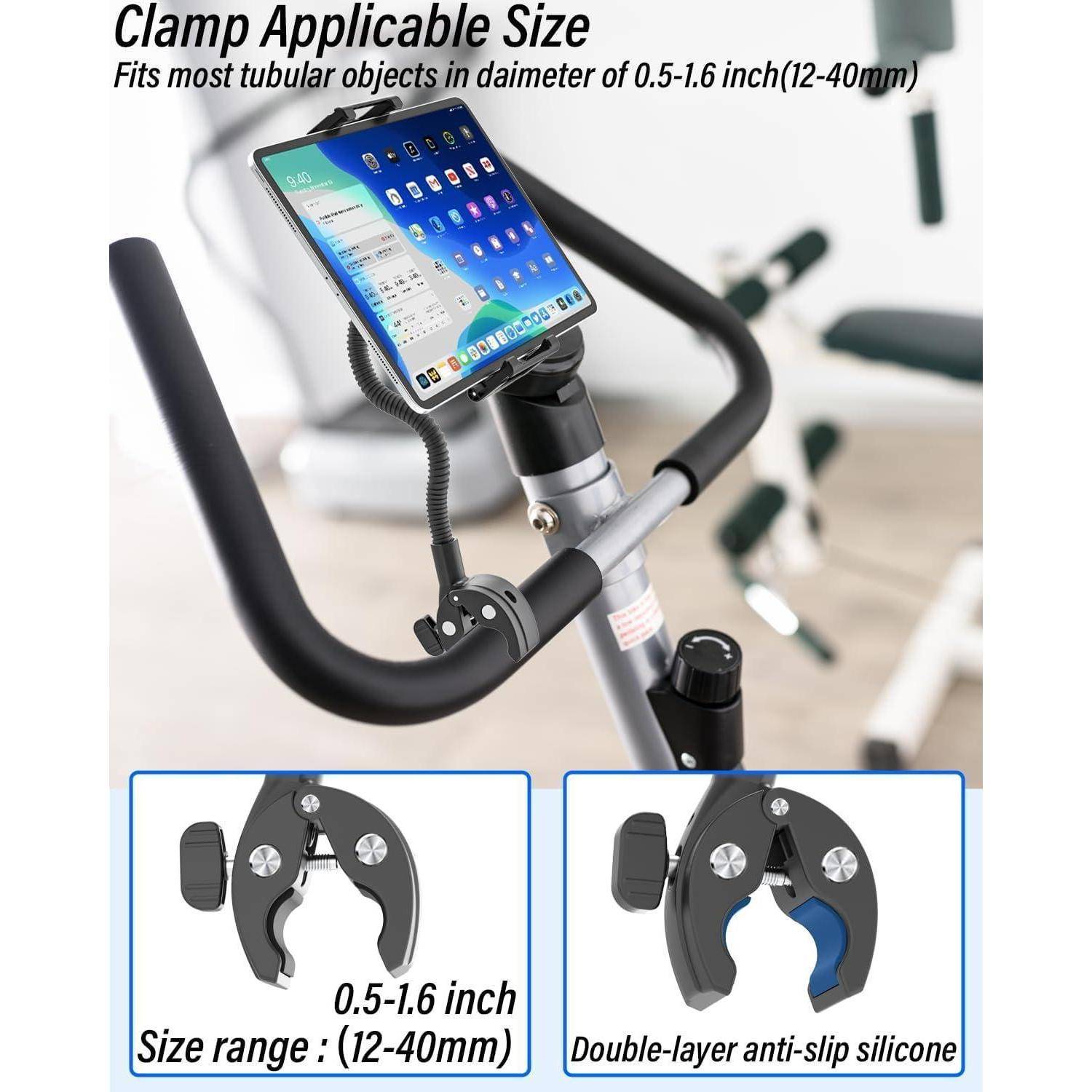 Aluminium Laufband Tablet Halterung Schwanenhals [Bis zu 15.6 Zoll], 360° Einstellbare Heimtrainer Tablet Halter für 6.1-15,6 Zoll Handy &amp; Tablet,