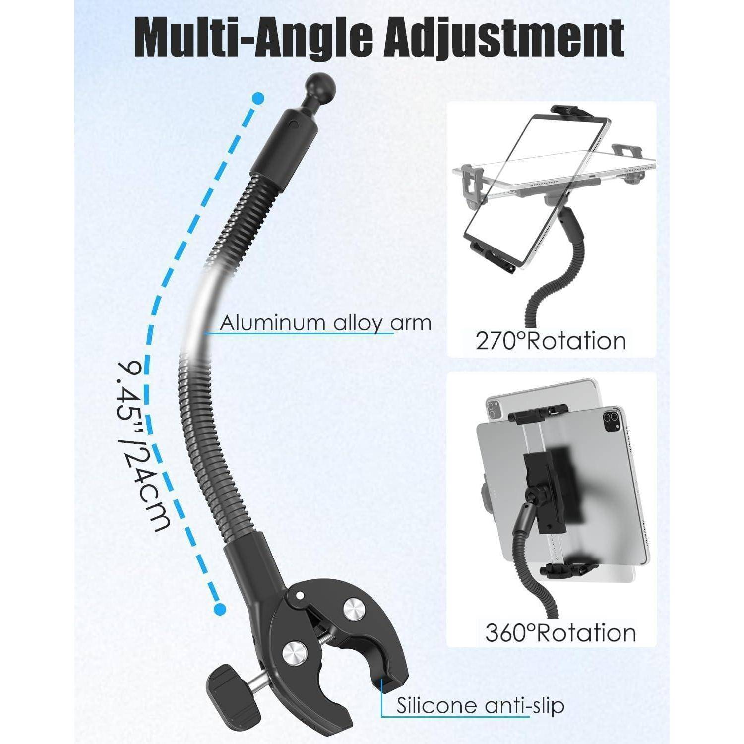 Aluminium Laufband Tablet Halterung Schwanenhals [Bis zu 15.6 Zoll], 360° Einstellbare Heimtrainer Tablet Halter für 6.1-15,6 Zoll Handy &amp; Tablet,