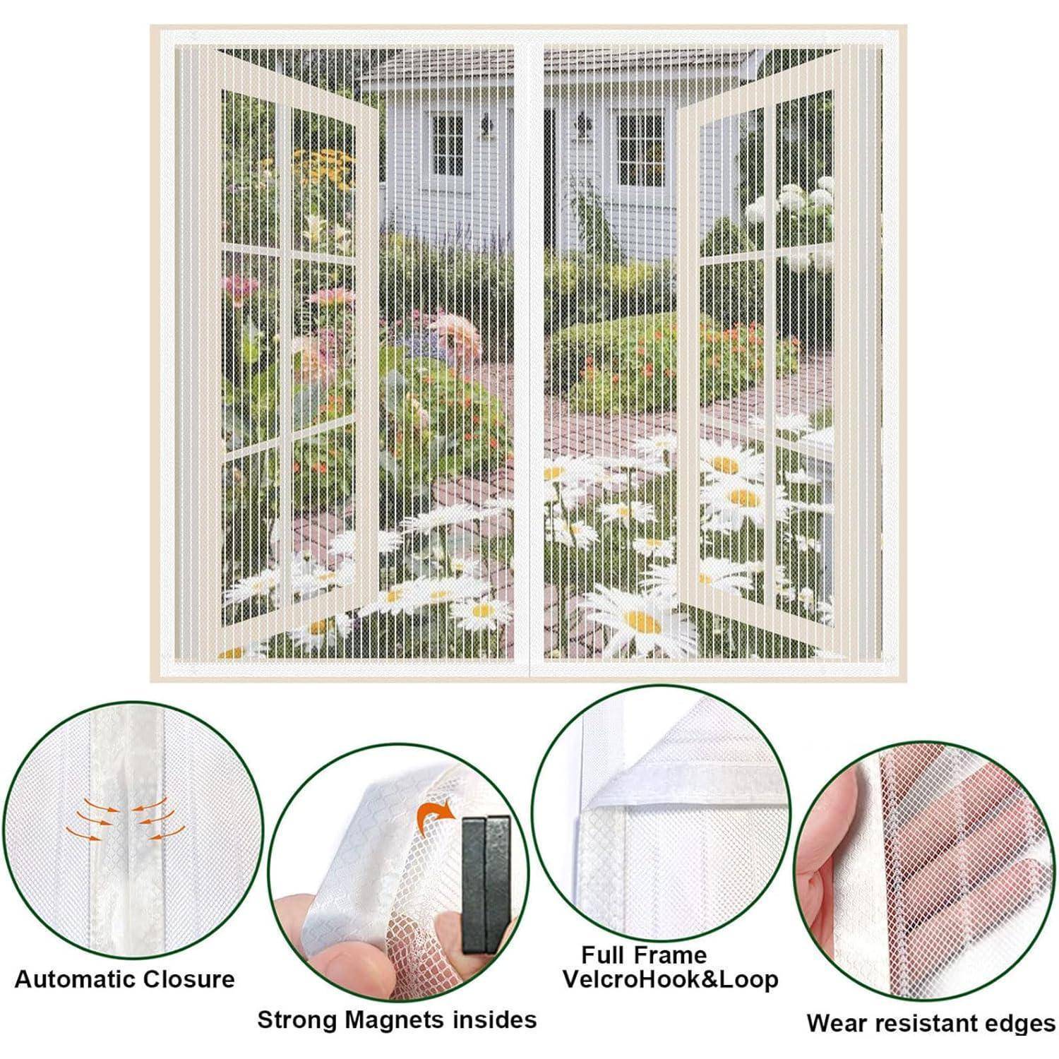 Weiße magnetische Fliegengittertür mit vier Paneelen, geöffnet über einer Gartenansicht dargestellt; eingefügte Beschriftungen heben die automatische Schließung, starke Magnete, Velcro-Rahmen und verstärkte Kanten hervor.