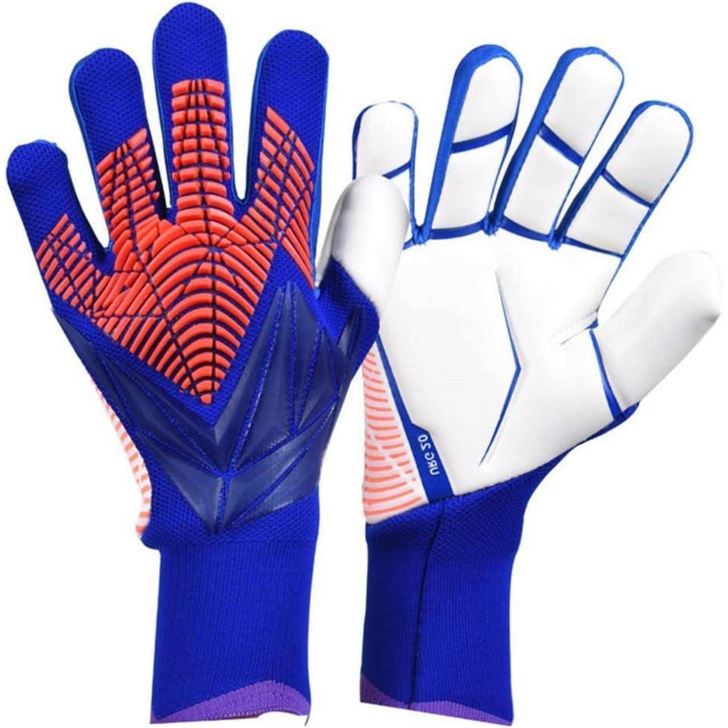 Paar blauer und weißer Torwarthandschuhe, gezeigt in Handflächen- und Rückansicht, mit gepolstertem Griff und Fingerschutz.