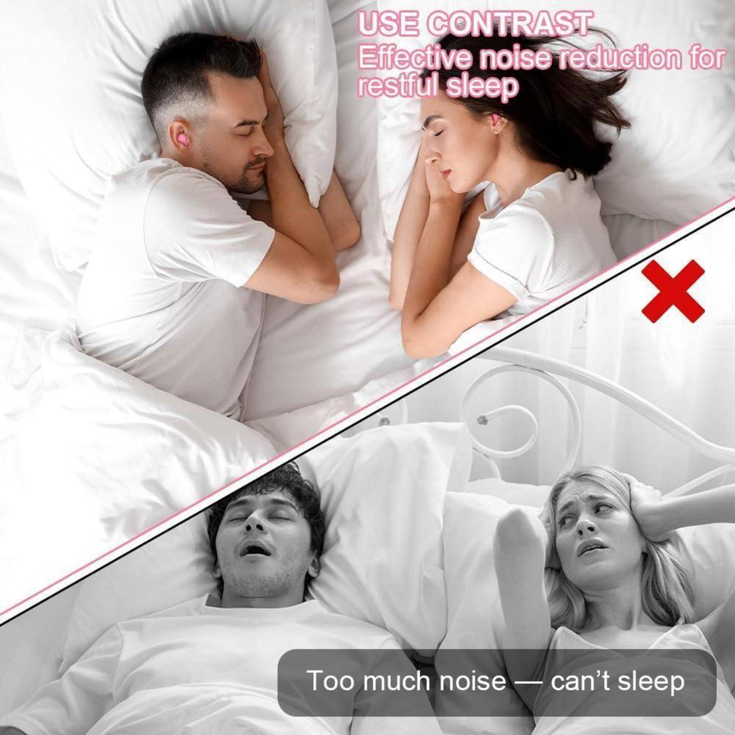 # Split-Image-Vergleich, das einen schlafenden Paar mit kontrastreichem Farbton mit effektiver Rauschreduzierung für erholsamen Schlaf zeigt, versus einer graustufigen, lauten Szene mit der Beschriftung „Zu viel Lärm – kann nicht schlafen