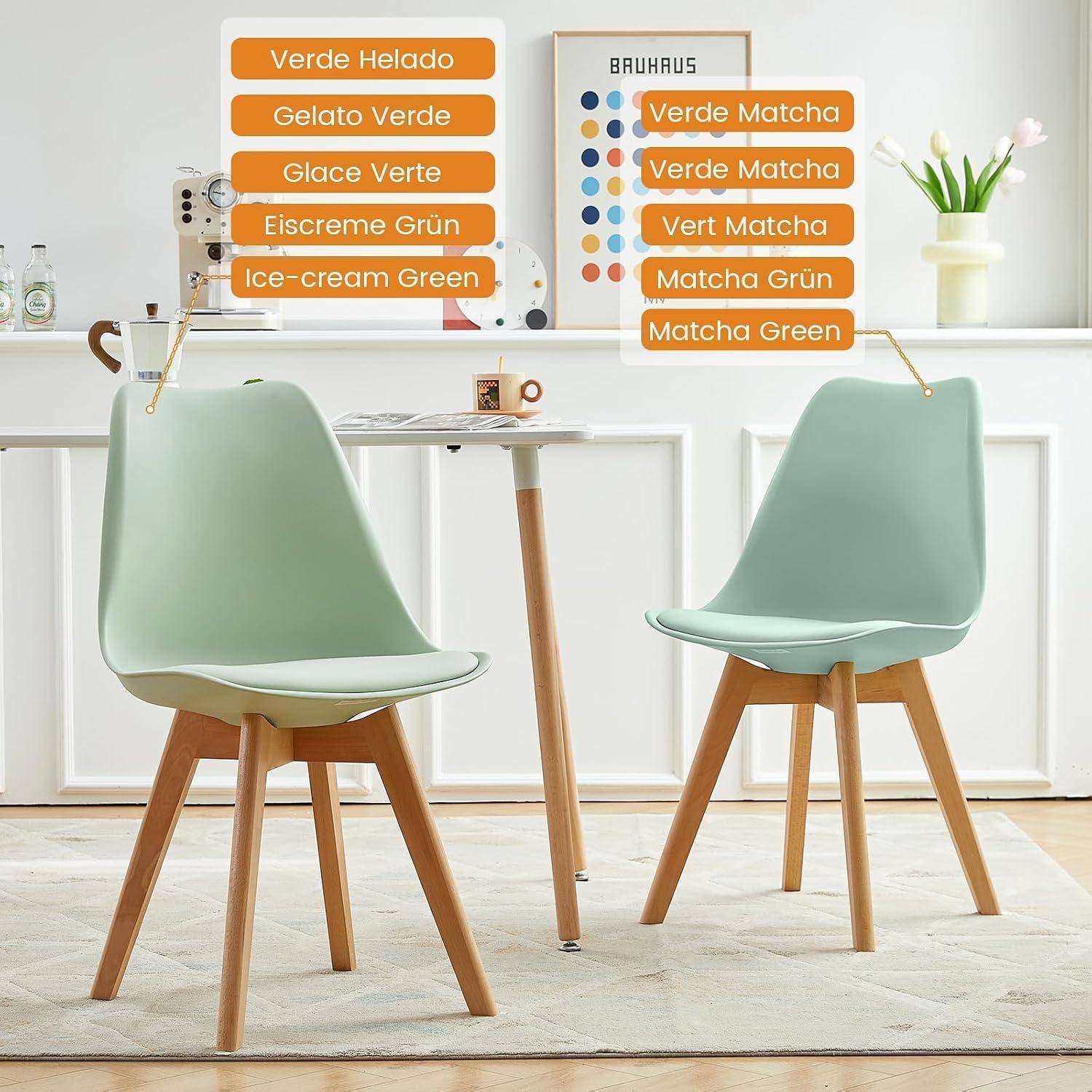 EGGREE 4er Set Esszimmerstuhl Skandinavischer SGS Geprüfter, Design Küchenstuhl Essstühle mit Polsterstuhl et Massivholz Buche Bein, Eiscreme-Grün