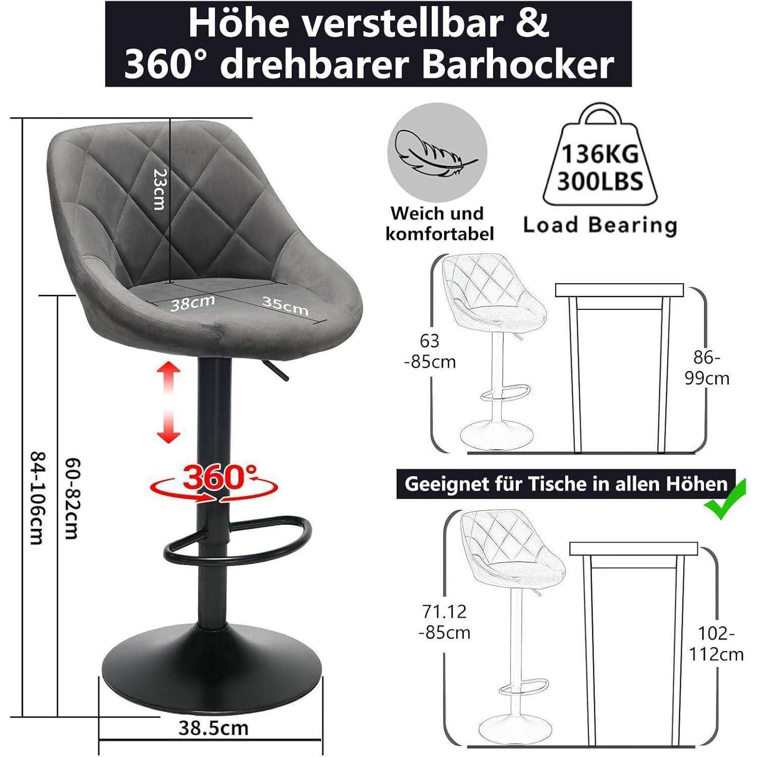 Darstellung eines verstellbaren 360°-Drehbarhockers mit gepolstertem Sitz, zeigt Abmessungen, Tragfähigkeit von 136 kg und Eignung für verschiedene Tischhöhen.