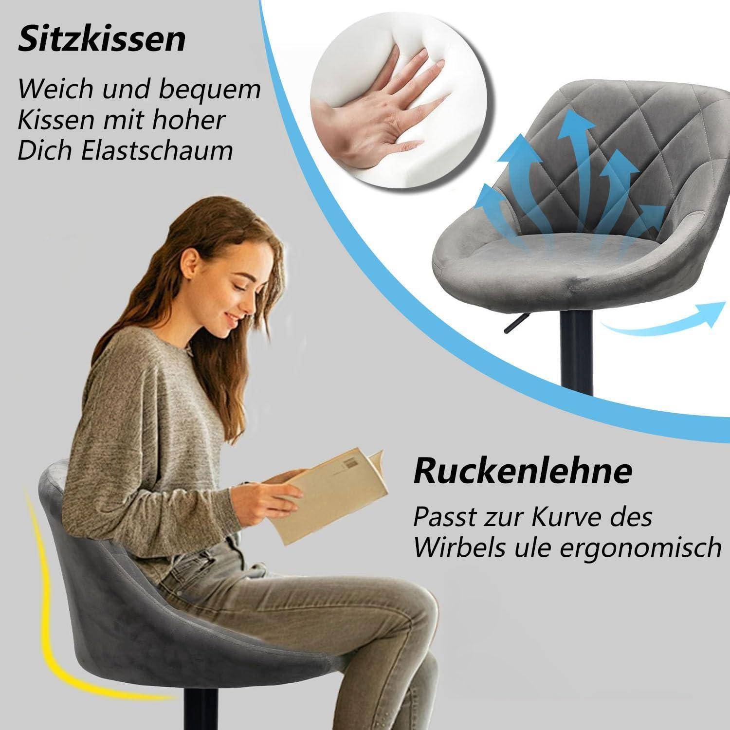Barhocker 4er Set Barstühle Esszimmerstuhl 360°Drehstuhl Höhenverstellbare mit Rückenlehne und Fußstütze für Küche Hausbar Bar (Dunkelgrau-4er