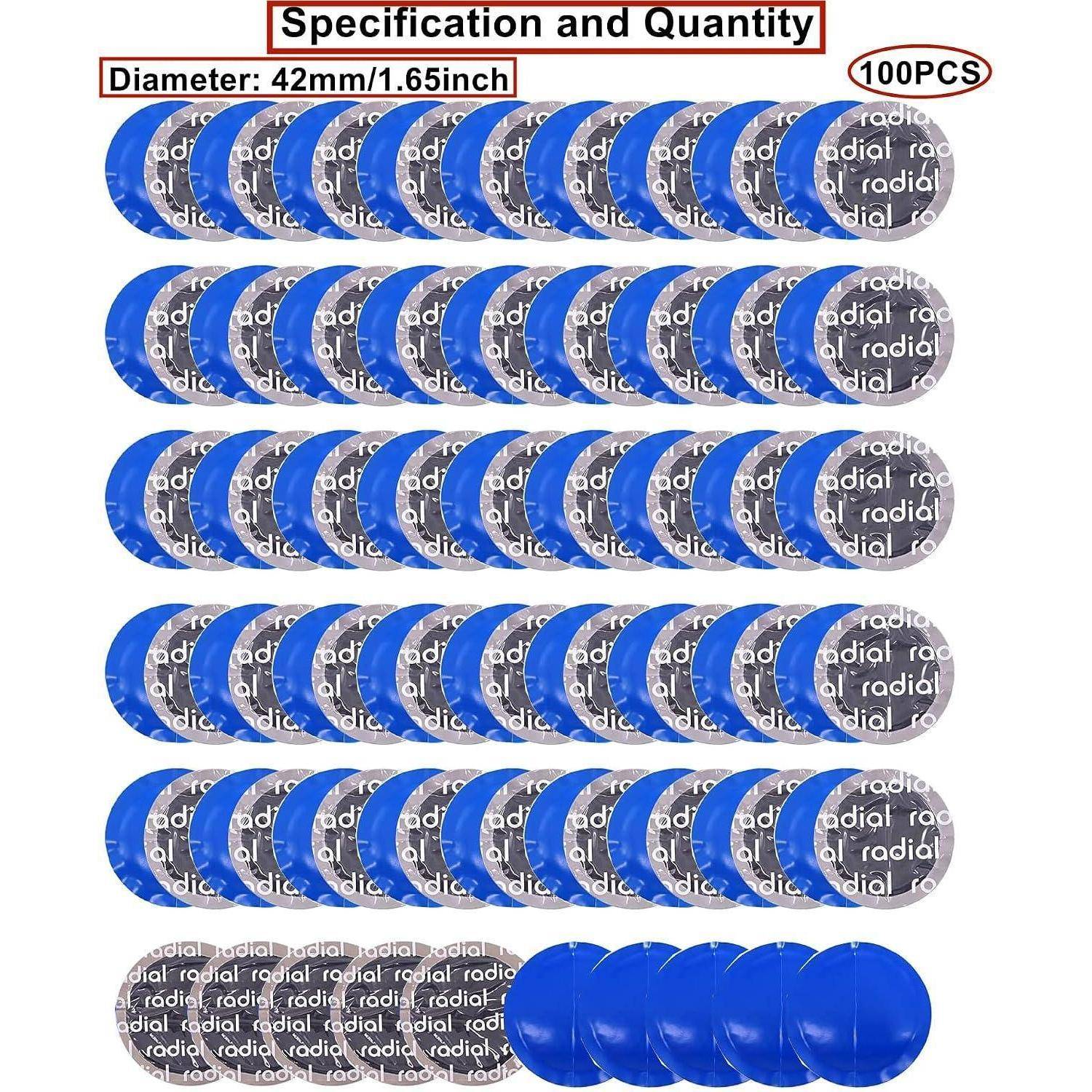 Produktbild zeigt 100 selbstklebende Radnabenkappen, 42 mm (1,65 Zoll) Durchmesser, in Blau und Grau, in Reihen unter „Spezifikation und Menge" angeordnet.
