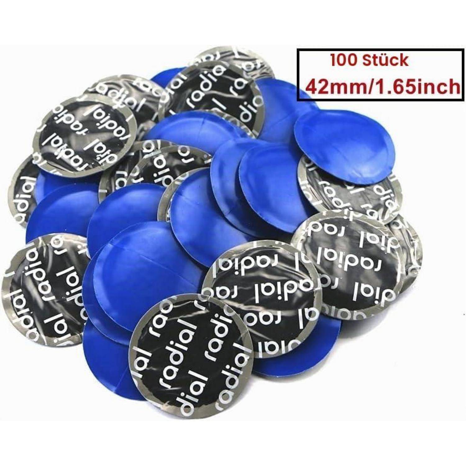Stapel von 100 blauen und schwarzen 42-mm-Klebesiegel-Aufklebern, dargestellt als runde Schutzdeckel mit der Beschriftung "100 Stück 42mm/1,65 Zoll"".