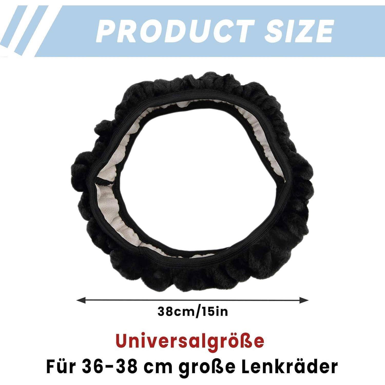 Produktgrößen-Grafik mit einer schwarzen Lenkradbezug-Abdeckung mit einer Breite von 38 cm/15 Zoll und Text „Universalgröße" für Lenkräder von 36-38 cm.