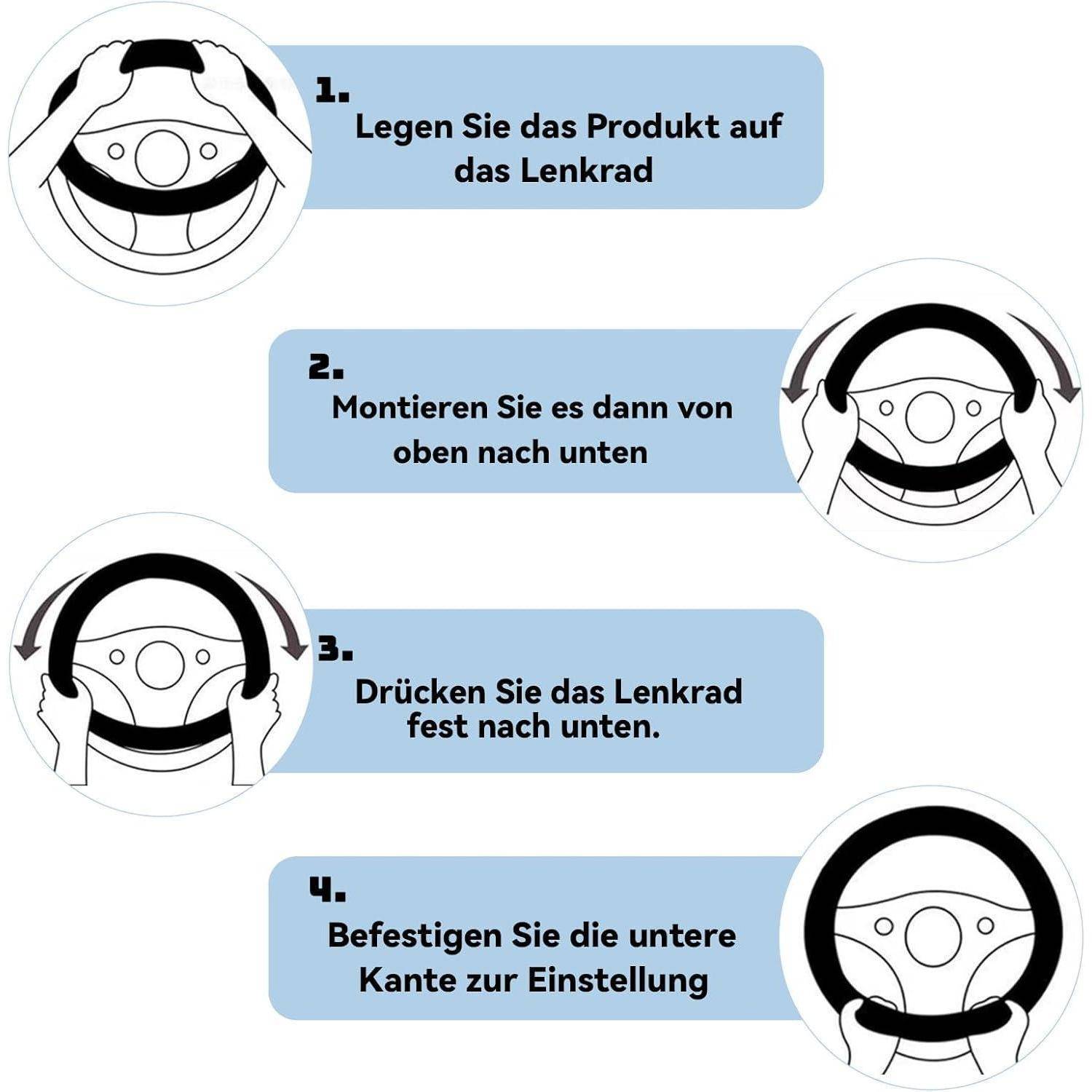 Deutsches Installationsdiagramm zur Montage einer Lenkradhülle: Platzieren Sie diese auf dem Lenkrad, ziehen Sie sie von oben nach unten, drücken Sie fest an und sichern Sie die untere Kante.