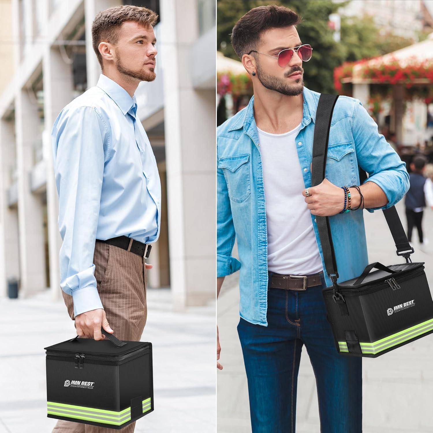 Nebeneinander Vergleich von zwei Männern, die schwarze Markenlunch-Kühlertaschen im Freien tragen: einer in Bürokleidung, einer in legerer Jeansbekleidung.