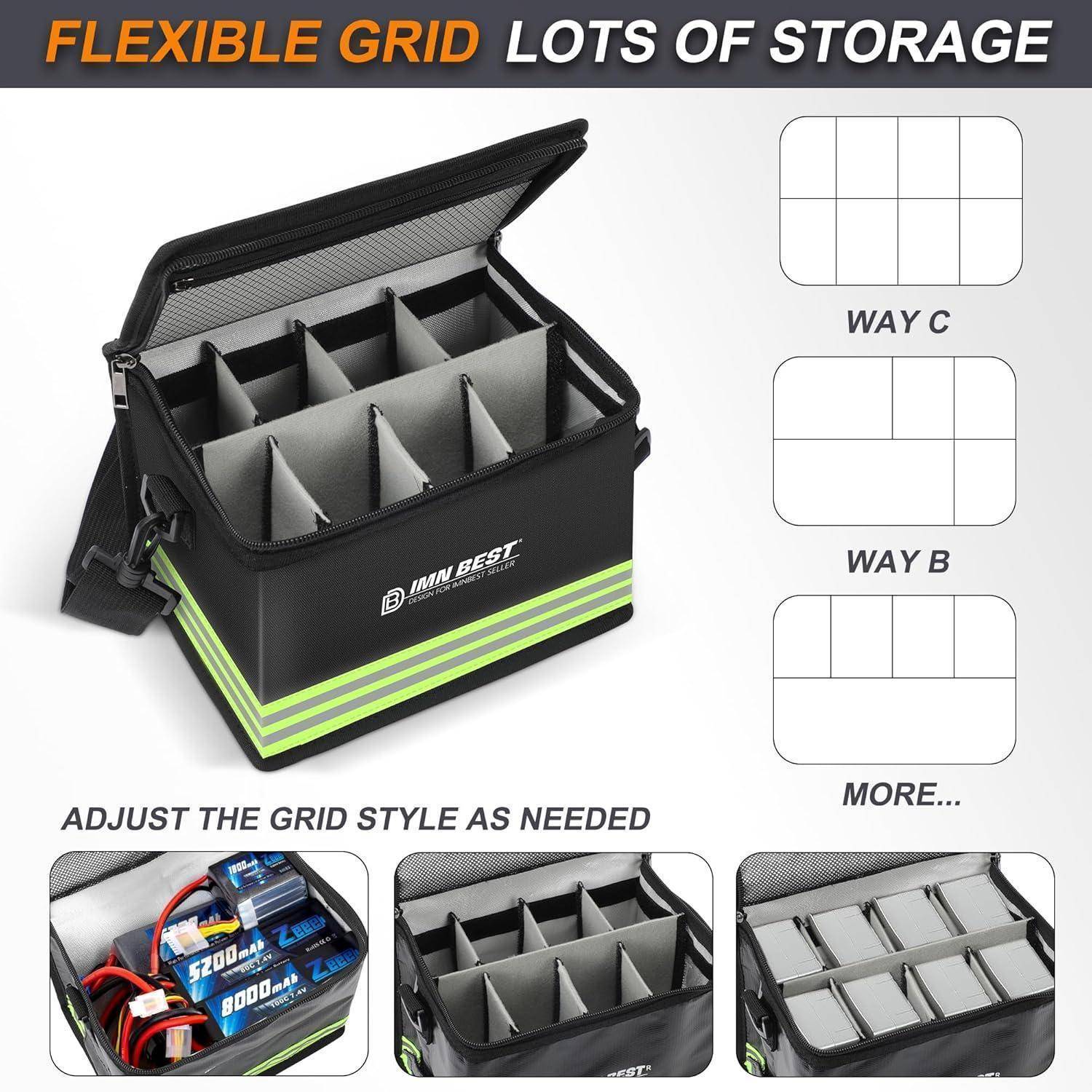 Tragbare isolierte Aufbewahrungstasche mit flexiblen abnehmbaren Trennern, die verstellbare Gitterlayouts zur Organisation von Gegenständen wie Batterien und Kabeln zeigt.