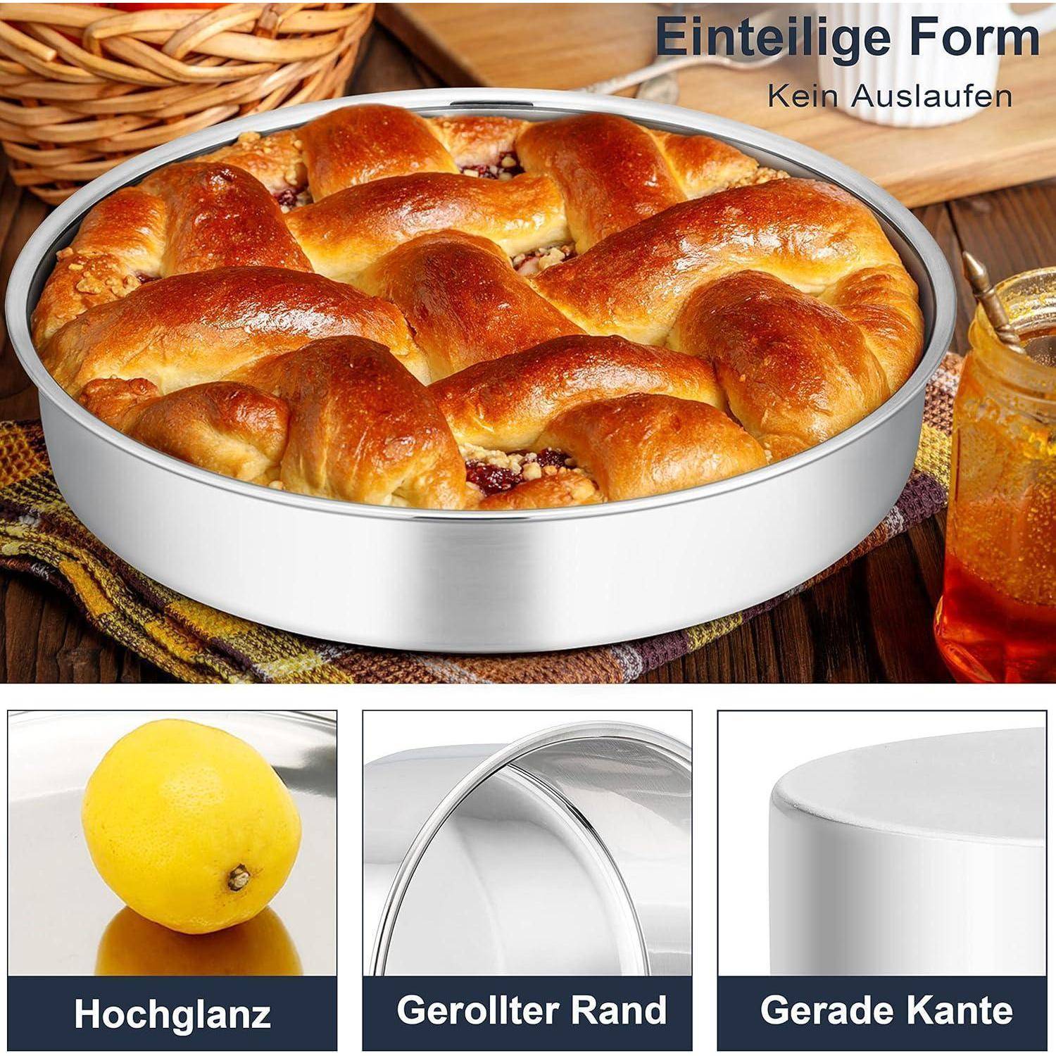 Runde silberfarbene Backform mit einem geflochtenen Gebäck, beschriftet mit „Einteilige Form" und „Kein Auslaufen""; Ausschnitte zeigen glänzende Oberfläche, umgerollten Rand und gerade Kante.