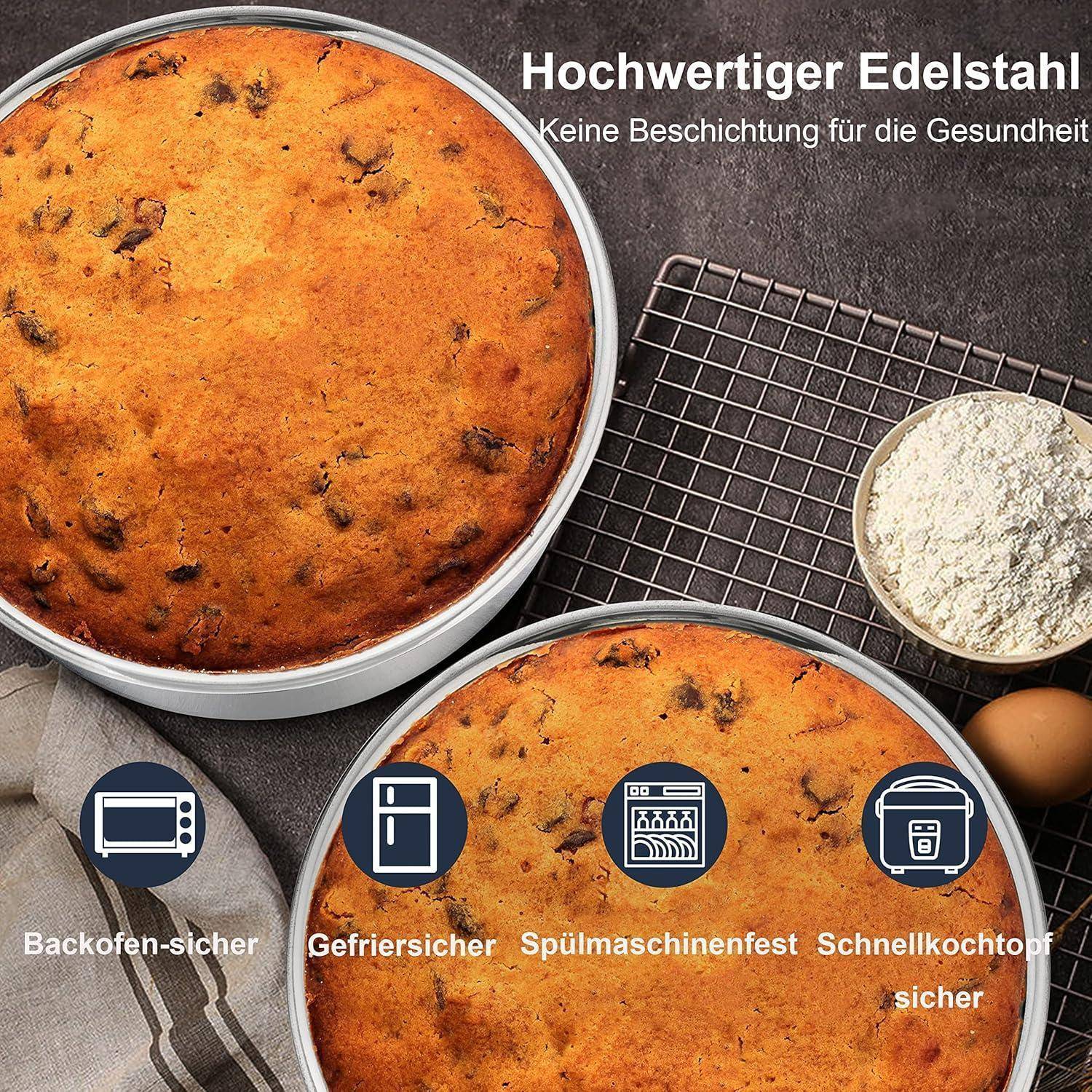 Zwei gebackene Kuchen in Edelstahlpfannen mit deutschem Text, der "Hochwertiger Edelstahl"" bewirbt und Sicherheit im Ofen, Gefrierschrank, Geschirrspüler und Schnellkochtopf fördert.
