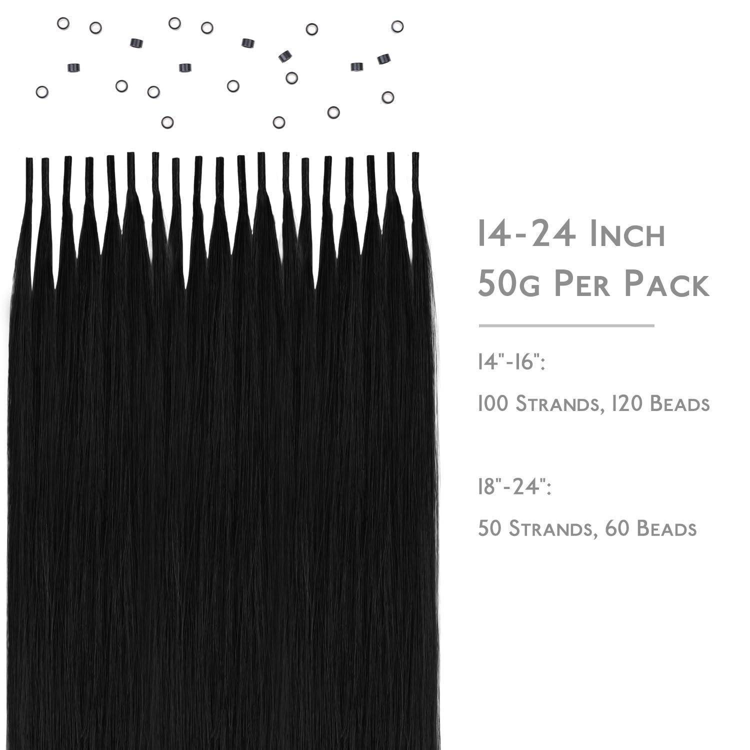 Schwarzes Haarverlängerungsbündel mit Perlen gezeigt; Text listet auf: 14-24 Zoll, 50 g pro Packung, 100 Strähnen und 120 Perlen für 14-16 Zoll, 50 Strähnen und 60 Perlen für 18-24 Zoll.