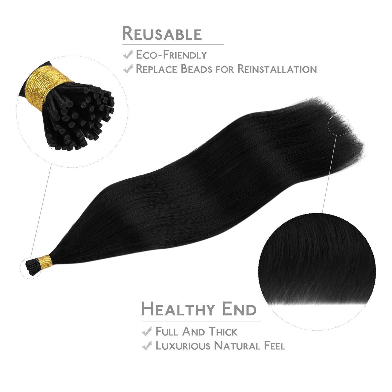 Produktbild eines schwarzen Haarextensions-Bündels, das wiederverwendbare, umweltfreundliche Perlen zeigt, mit eingefügten Nahaufnahmen der Perlenanbringung und dicken, gesunden Haarenden.