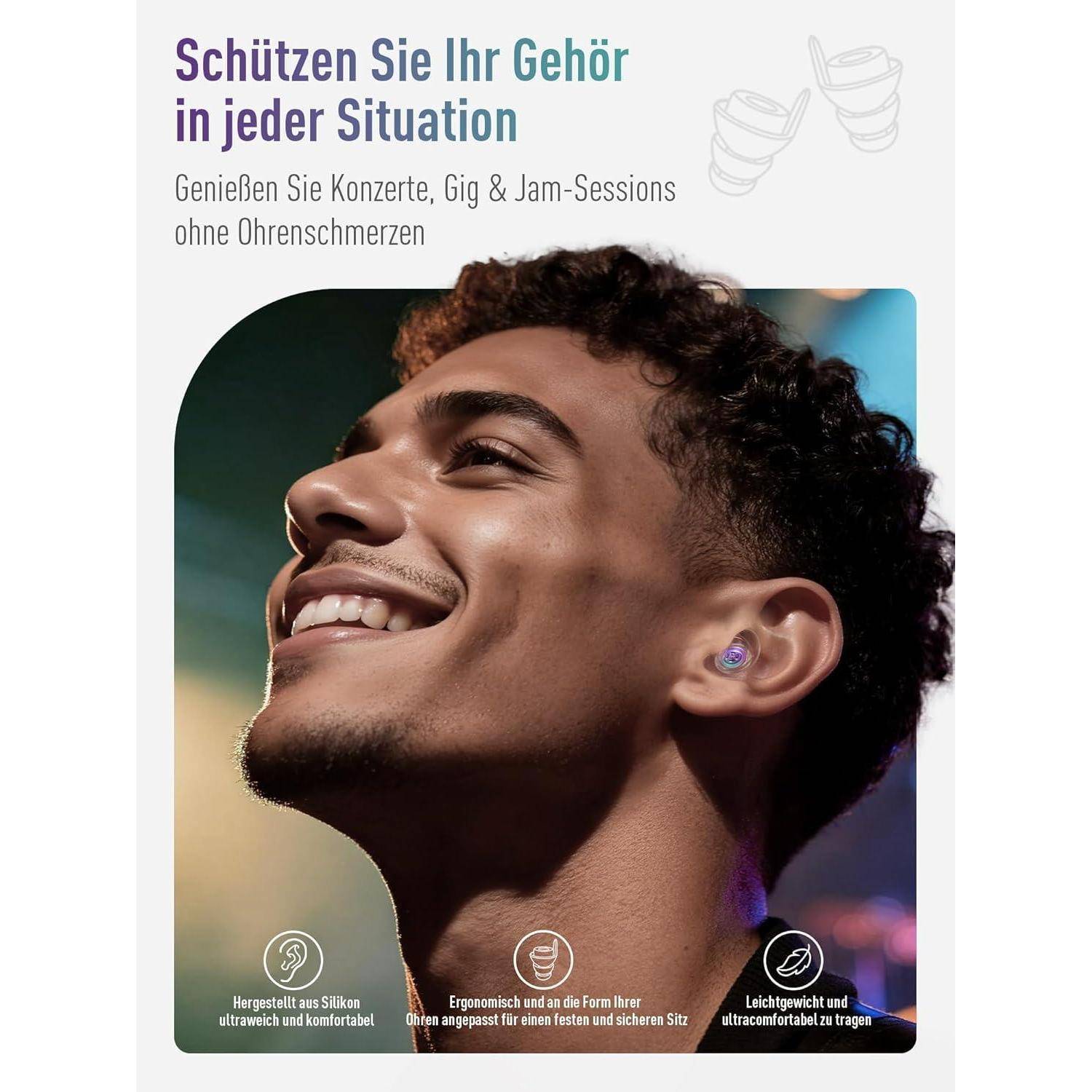 Deutsches Plakat mit einem lächelnden Mann, der Ohrstöpsel trägt, das Gehörschutz bewirbt: „Schütze dein Gehör in jeder Situation