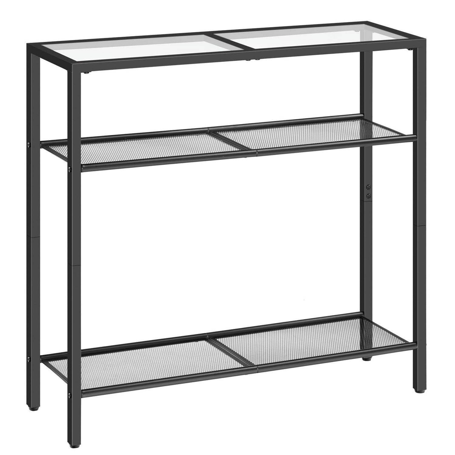 Schwarzes Metallregal mit zwei Drahtgittern auf weißem Hintergrund.
