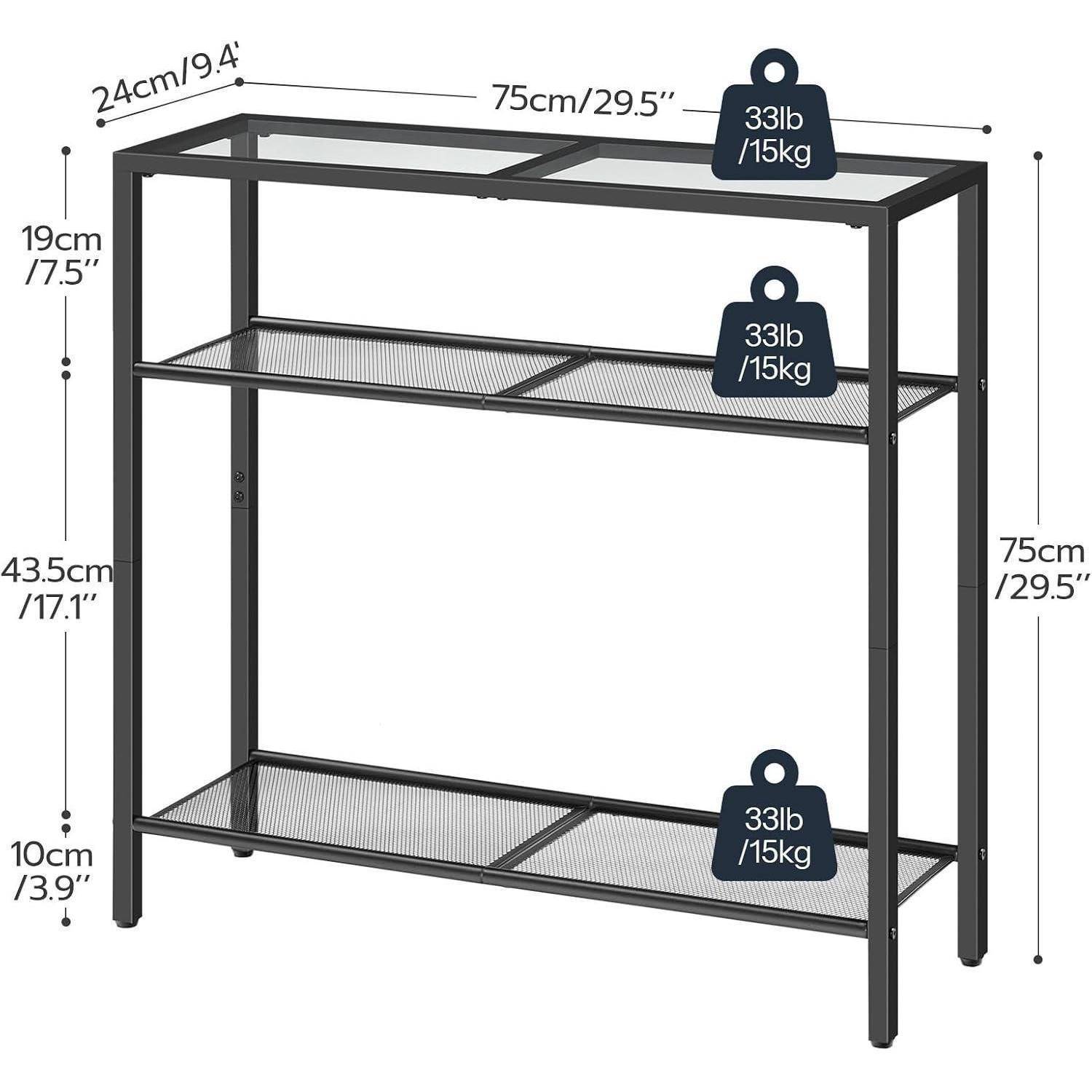 Schwarze Metallkonsolentisch mit zwei Gitterablage, 75 cm breit, 75 cm hoch und 24 cm tief; jede Ablage und die Oberseite unterstützen 33 lb/15 kg.