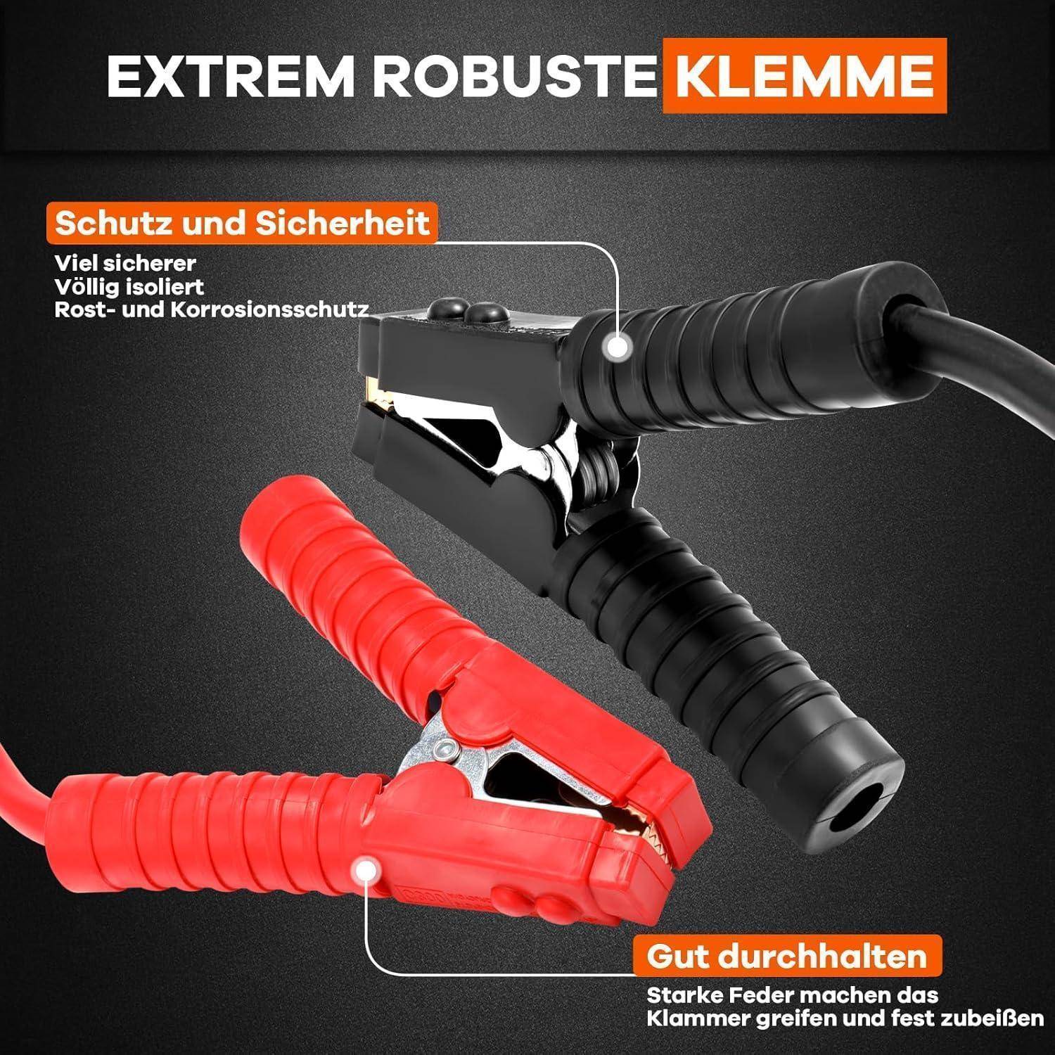 Anzeige für eine extra-starke isolierte Batterieklammer; schwarze und rote Klemmen mit deutschem Text, der Sicherheit, Isolierung und strapazierfähigen Federgriechsicherheit hervorhebt.