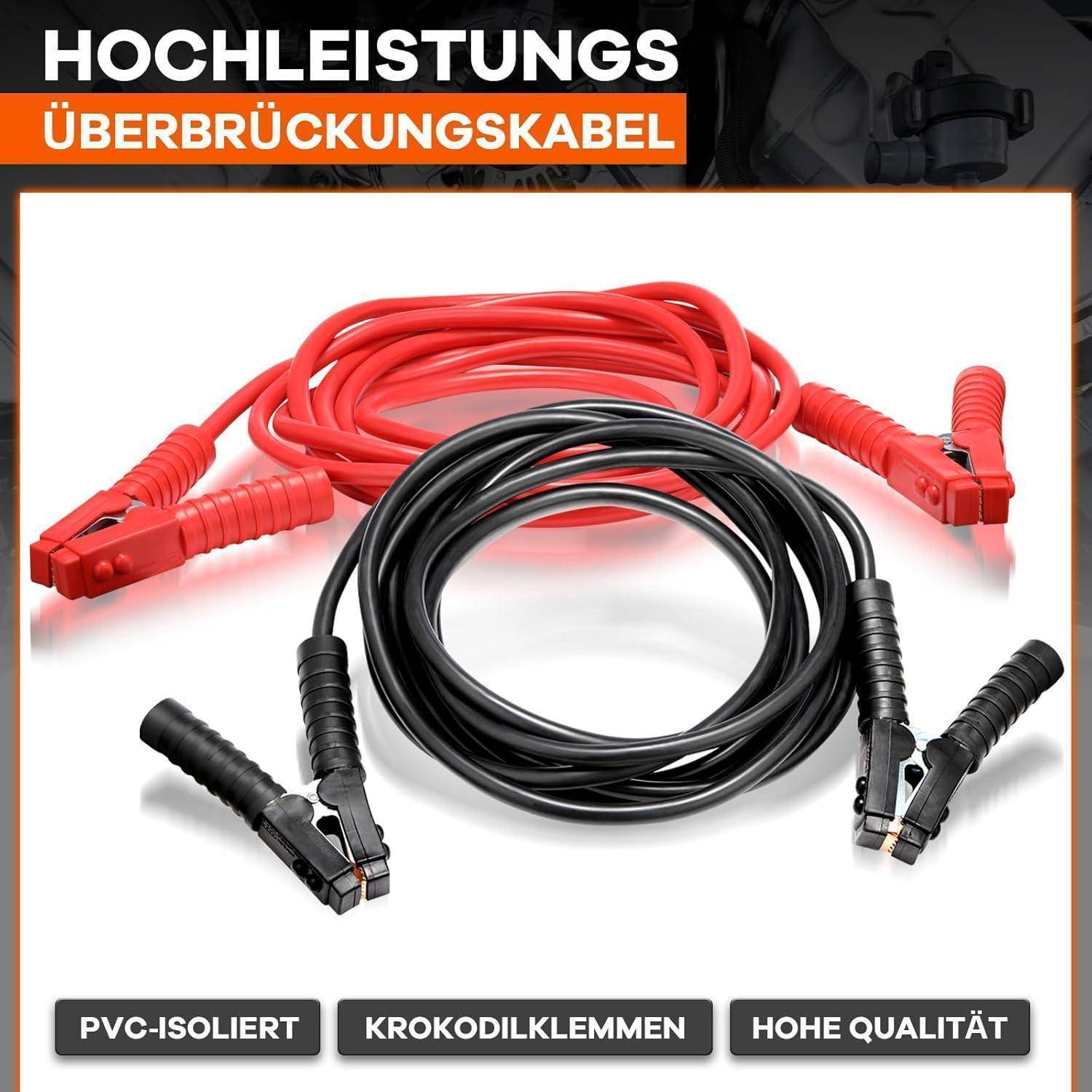 Rote und schwarze Überbrückungskabel mit Krokodilklemmen, gekennzeichnet mit „HOCHLEISTUNGS ÜBERBRÜCKUNGSKABEL