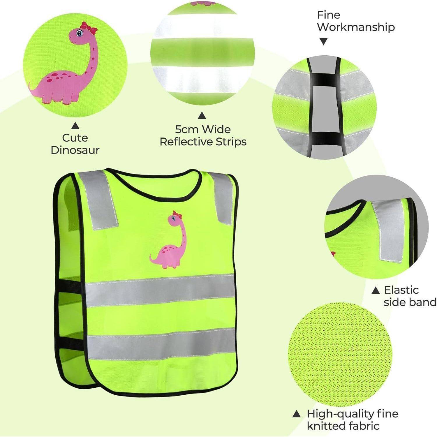Neongrüne Kindersicherheitsweste mit rosa Dinosaurier, silbernen reflektierenden Streifen, schwarzem Besatz, elastischem Seitenband und Strickstoff; Detailbeschreibungen mit Markierungen.
