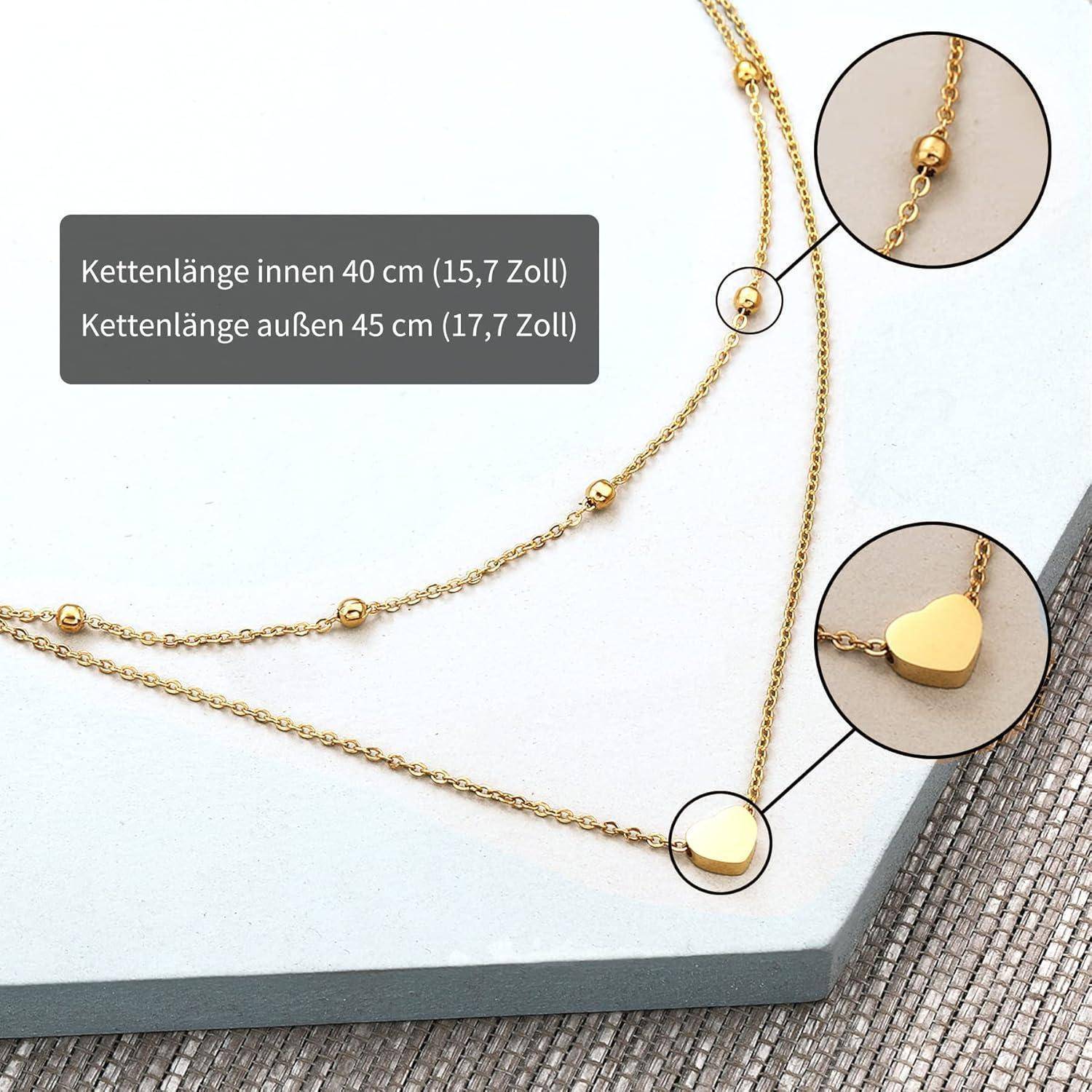 Goldhalskette mit Herzanhänger in Nahaufnahme gezeigt, mit Detailausschnitten und Längentext: „Kettenlänge innen 40 cm (15,7 Zoll)