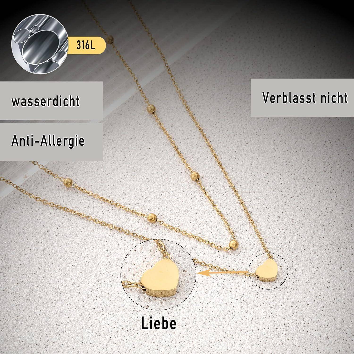 Goldenes Herzanhänger-Halskette, präsentiert als wasserfest, allergiefrei und farbecht; das Label 