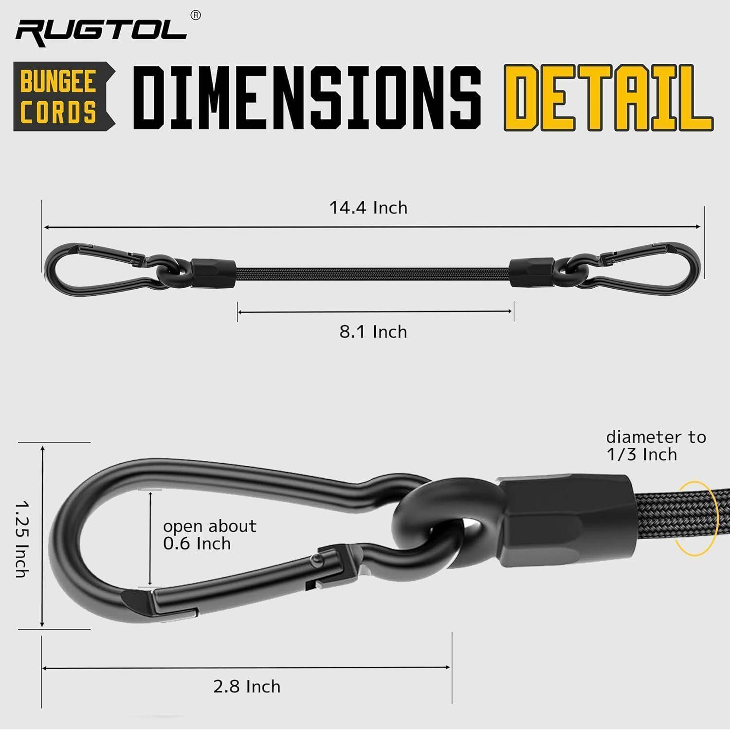 Bungee-Seil-Dimensionen Detailgrafik mit einem 14,4 Zoll langen Seil mit 8,1 Zoll Dehnung, 1/3 Zoll Durchmesser und Hakendimensionen von 2,8 x 1,25 Zoll mit 0,6 Zoll Öffnung.