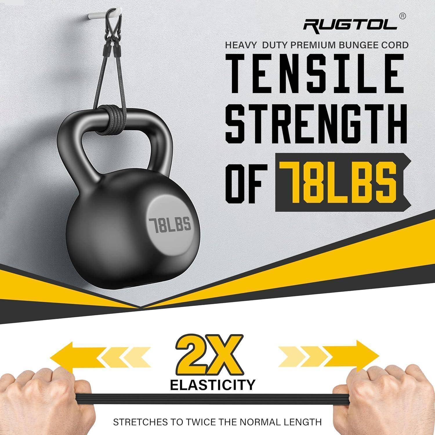 Werbegrafik für ein RUGTOL-Spannungsseil für den Dauereinsatz mit einer Zugfestigkeit von 78 lb und 2-facher Elastizität, mit Händen, die das Seil dehnen, und einem Kettlebell-Gewicht, das die Last veranschaulicht.