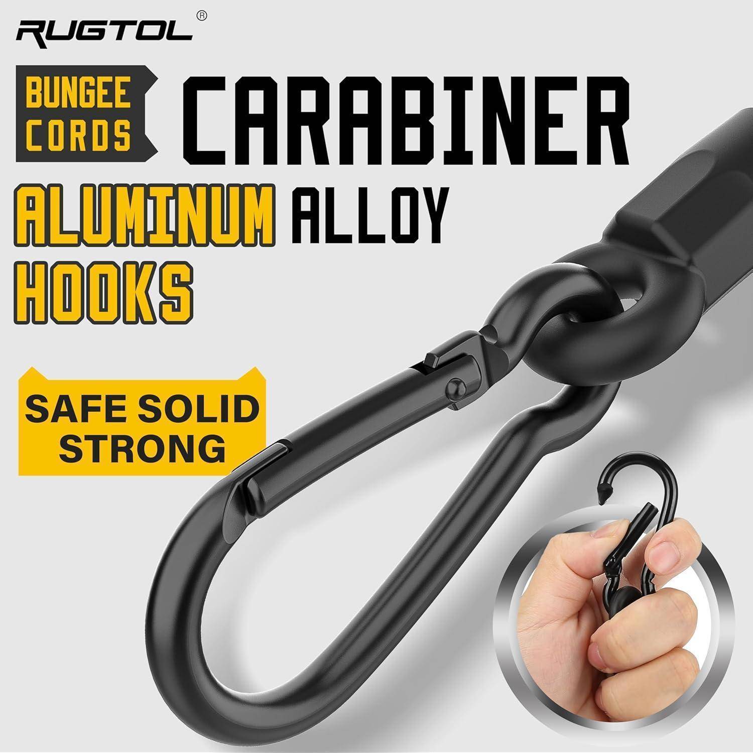 Produktanzeige mit einem schwarzen Bungee-Seil-Karabiner aus Aluminium-Legierungs-Haken, gekennzeichnet mit „SICHER STABIL STARK