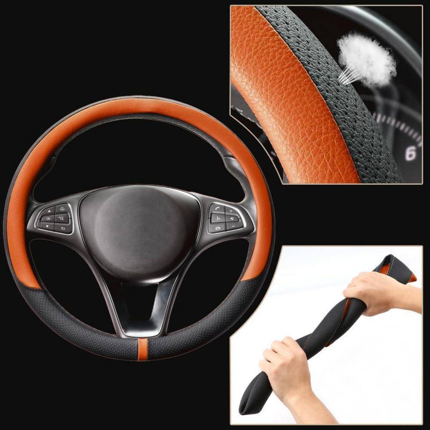 Autolenkrad mit orangefarbener Lederabdeckung; Detailaufnahme zeigt Nähte in Großaufnahme und eine Hand, die die Abdeckung über das Lenkrad zieht.