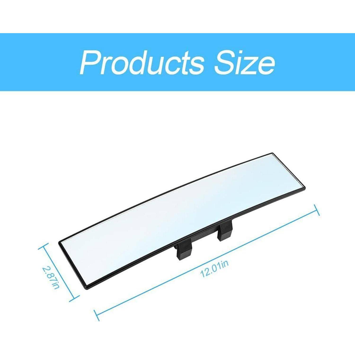 Produktgrößen-Diagramm mit einem gekrümmten rechteckigen Spiegelpanel, 12,01 Zoll lang und 2,87 Zoll breit.