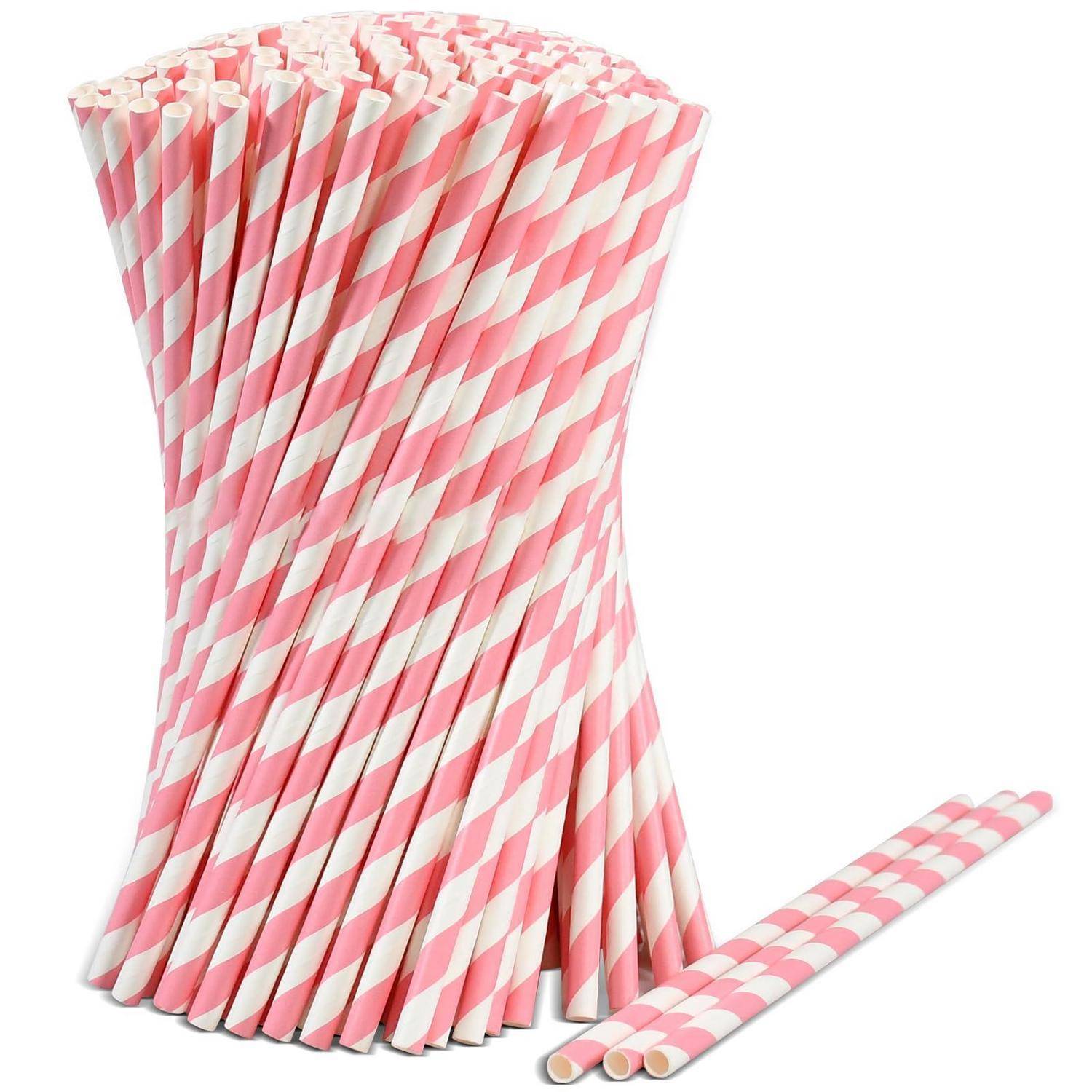 Einweg Trinkhalme aus Papier mit rosa/weißen Streifen, 1000 Stück, 19,7 cm x 0,6 cm – Biologisch Abbaubar und Kompostierbar Rosa Streifen 1000