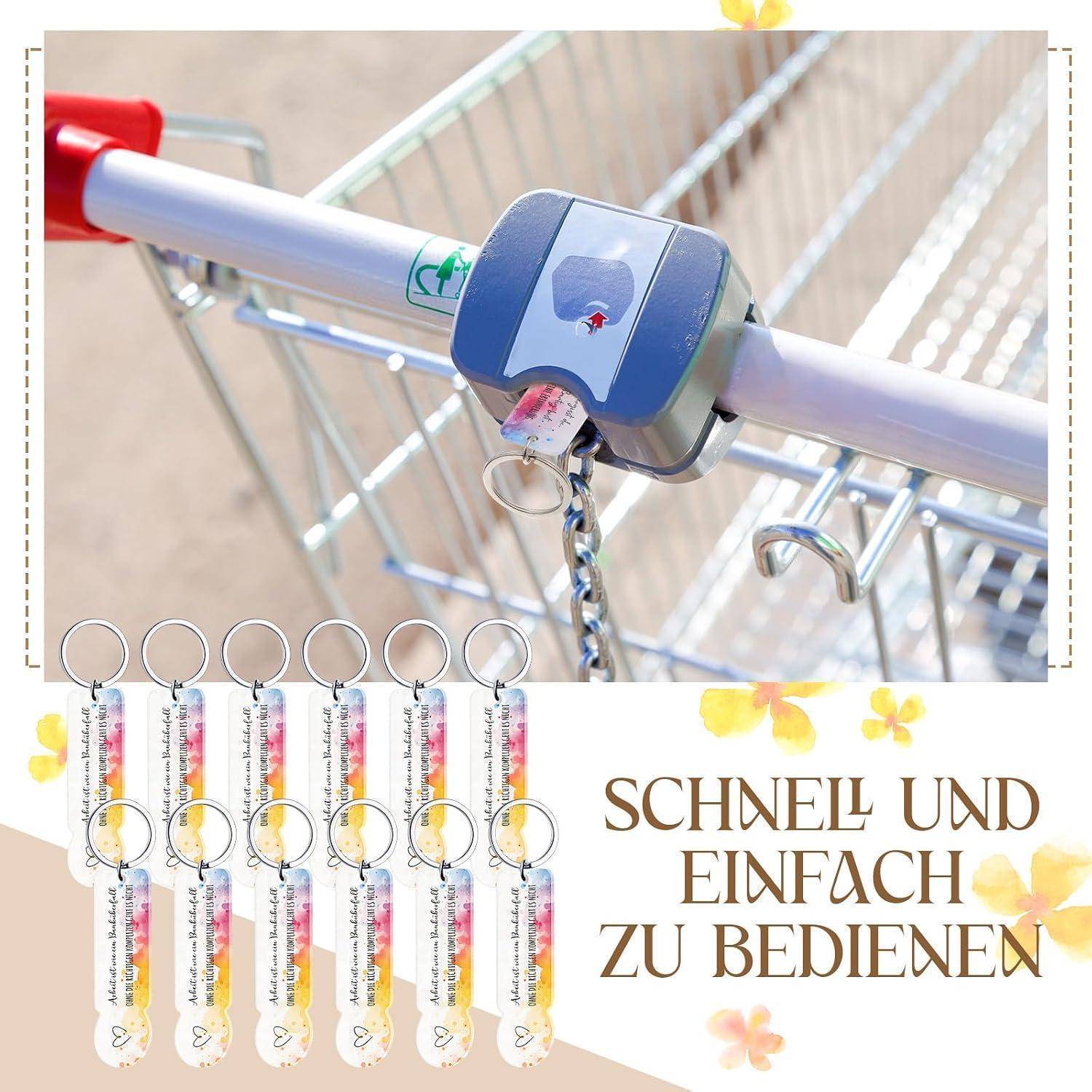 Einkaufswagensperre am Griffgriff angebracht, mit vielen farbigen Schlüsselanhängern und deutschem Text „Schnell und einfach zu bedienen", der die einfache Handhabung bewirbt.