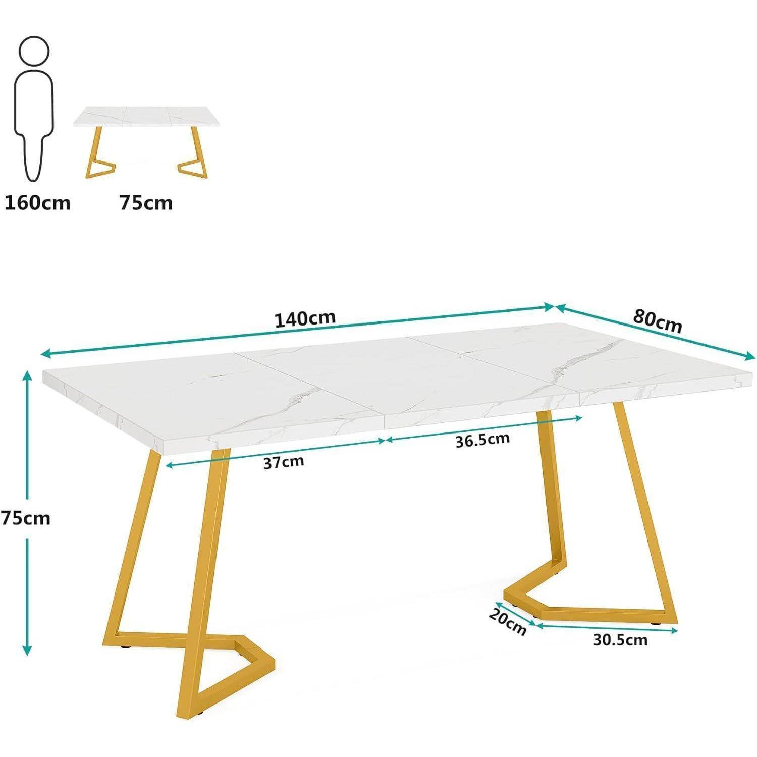 Dimensionsdiagramm eines rechteckigen Tisches: 140 cm lang, 80 cm breit, 75 cm hoch, mit goldenen schrägen Beinen und 20 cm/30,5 cm großen Fußgestellen; menschliche Größe dargestellt als 160 cm.