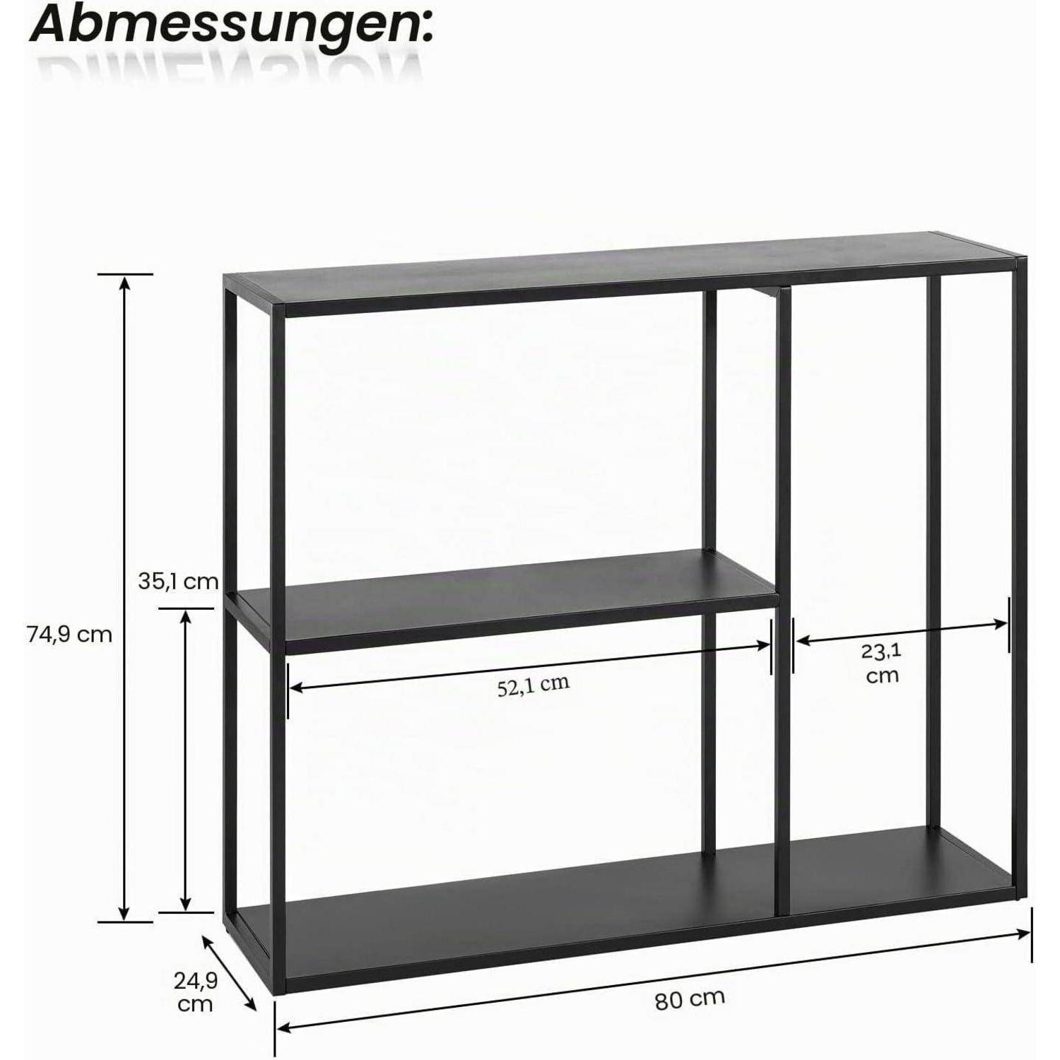 Dimensioniertes Bild einer schwarzen rechteckigen Regaleinheit mit der Bezeichnung 