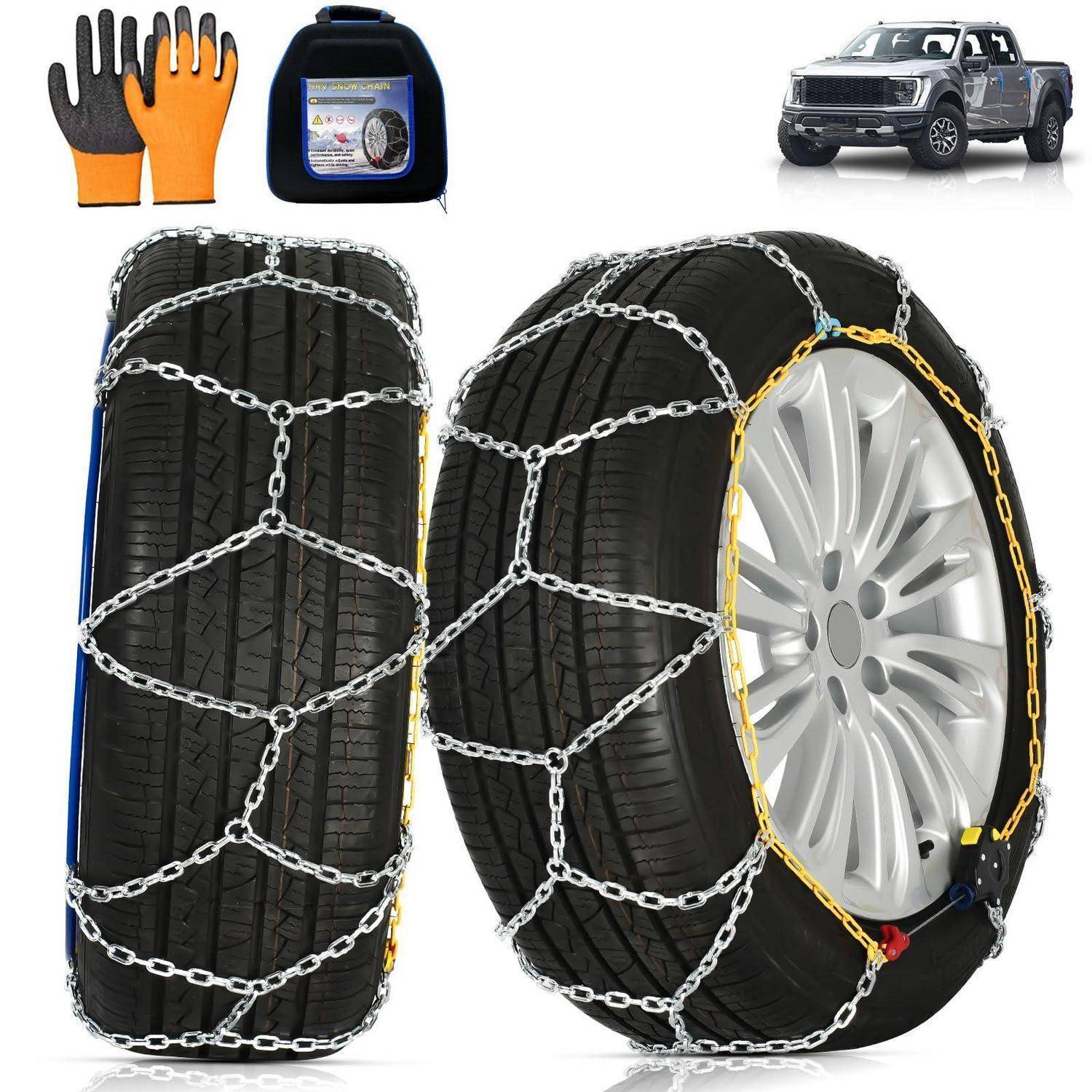 Autoreifenschneeketten-Set, das auf zwei Reifen angebracht ist, mit Handschuhen, Aufbewahrungstasche und Bild eines Pickup-Trucks, das die Verwendung zur Wintertraktion anzeigt.
