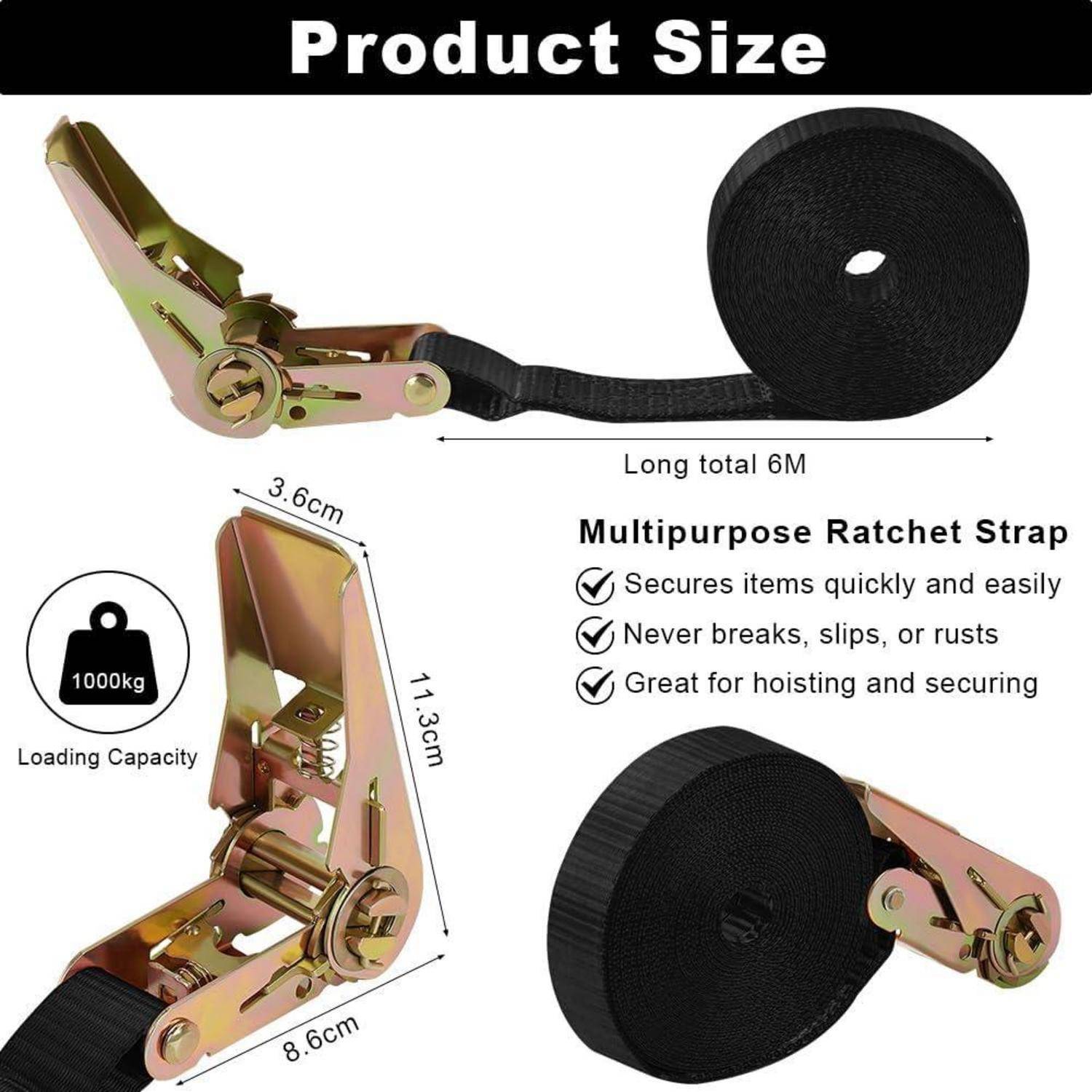 Produktgrößendiagramm für einen Mehrzweck-Ratschengurt mit einem 6 m langen Gurt, einer Tragfähigkeit von 1000 kg und den Abmessungen 11,3 cm x 8,6 cm x 3,6 cm.