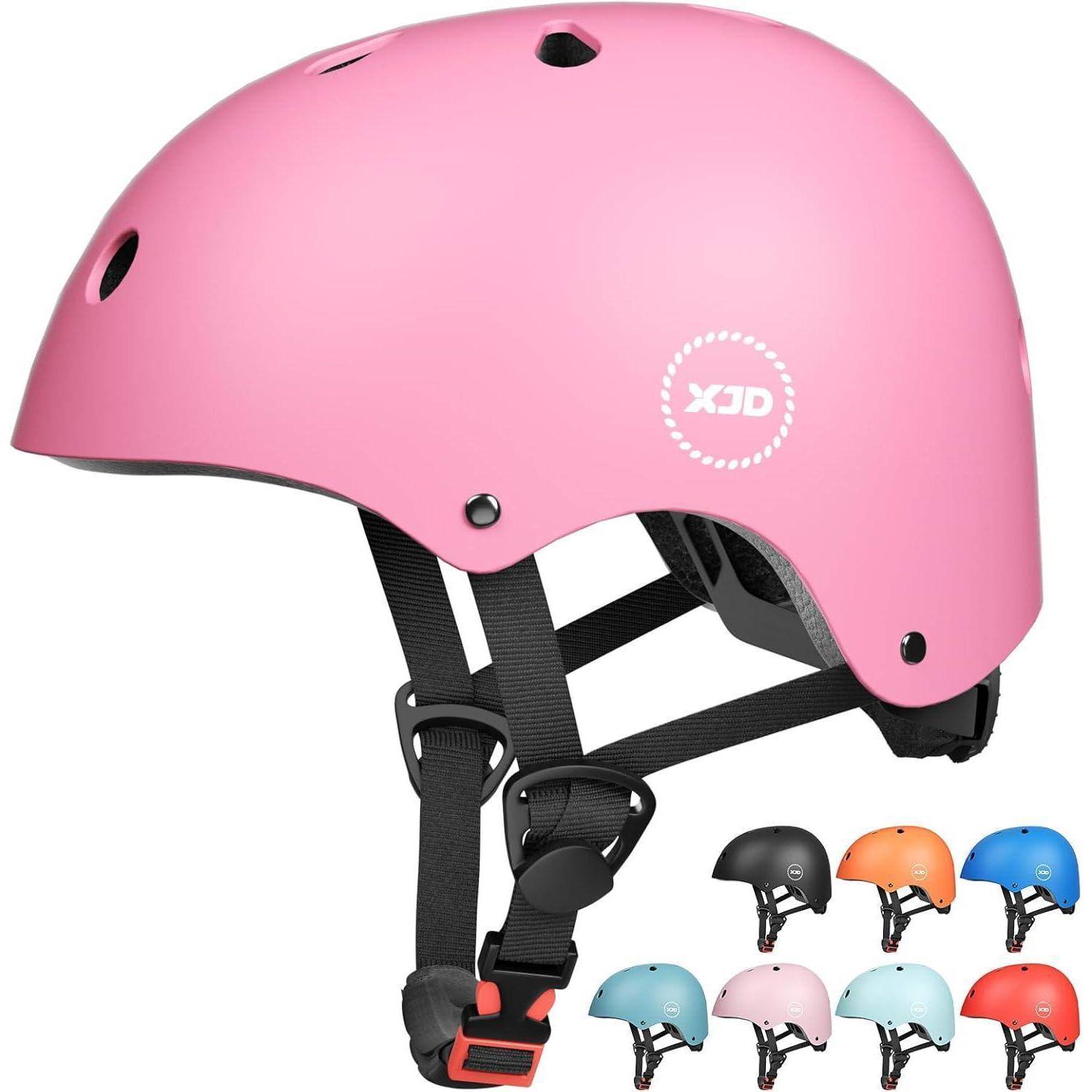 Rosa XJD-Helm mit verstellbaren Kinnriemen, in großer Ansicht gezeigt mit kleinen Farboptionen darunter angezeigt.