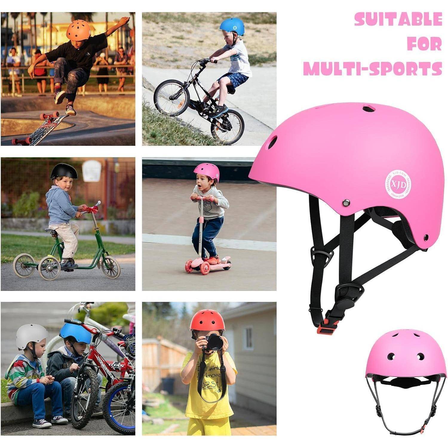 Rosafarbener Multi-Sport-Helm mit Kinnriemen, gezeigt mit Kindern beim Skateboarden, Radfahren und Tretroller fahren; Text lautet „GEEIGNET FÜR MULTI-SPORTARTEN