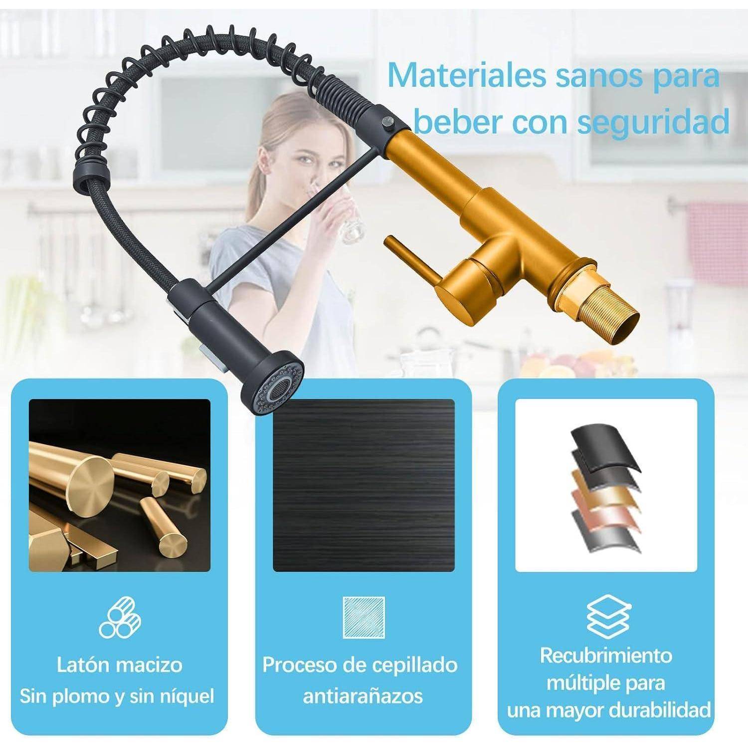 JUNSOTOOR Küchenarmatur mit Spiralfeder, Hochdruck Armatur mit Ausziehbar Brause & Hoher Bogen, 360° Drehbar Edelstahl Spültischarmatur, 2 Sprühfu